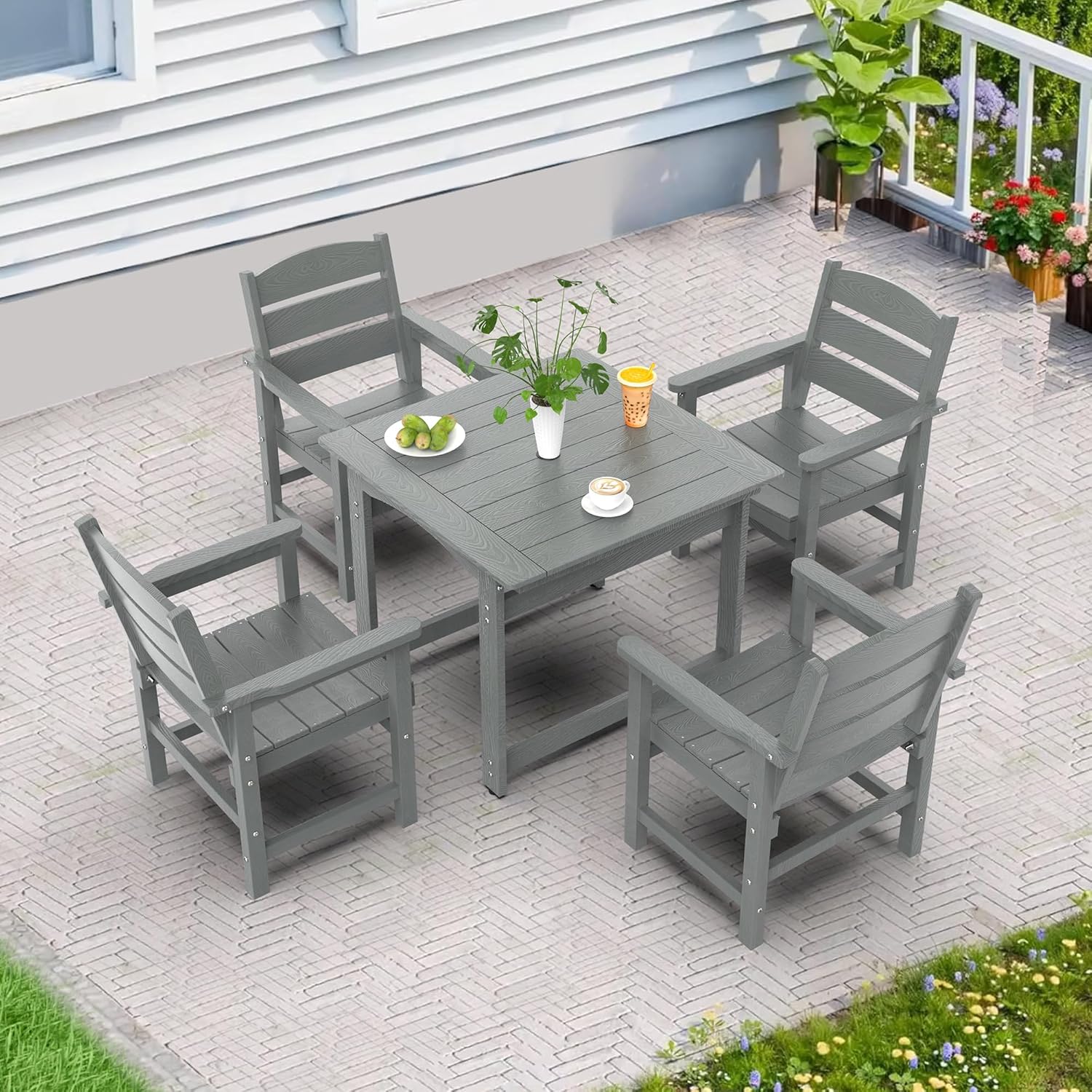 5-Piece HIPS Patio Dining Set, Outdoor Dining Table and Chairs Set with Umbrella Hole, Weatherproof Dining Table Set for 6 Person