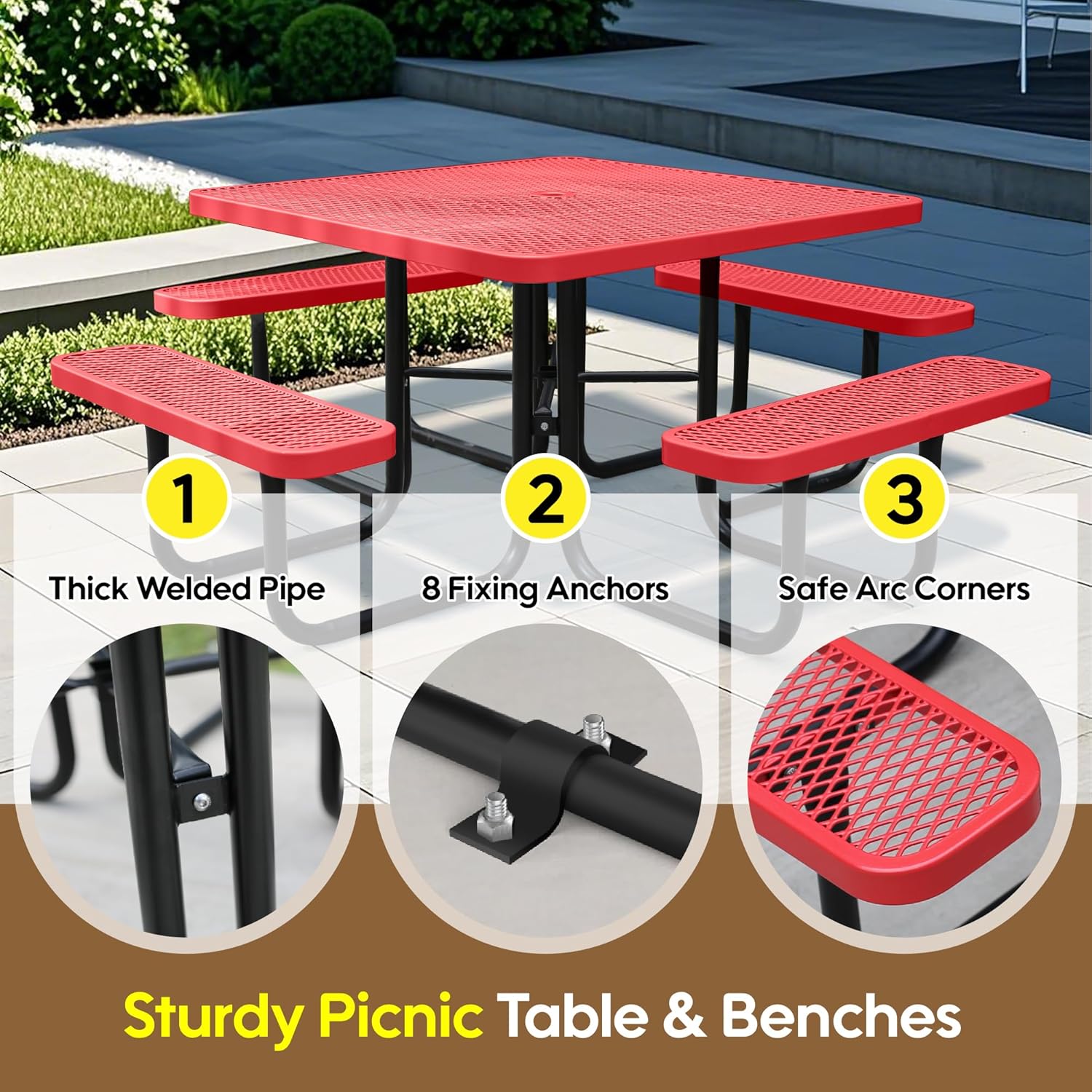 8-Person Picnic Tables for Outdoors, Industrial 46" Expanded Metal Square Picnic Table with 4 Benches & Umbrella Hole