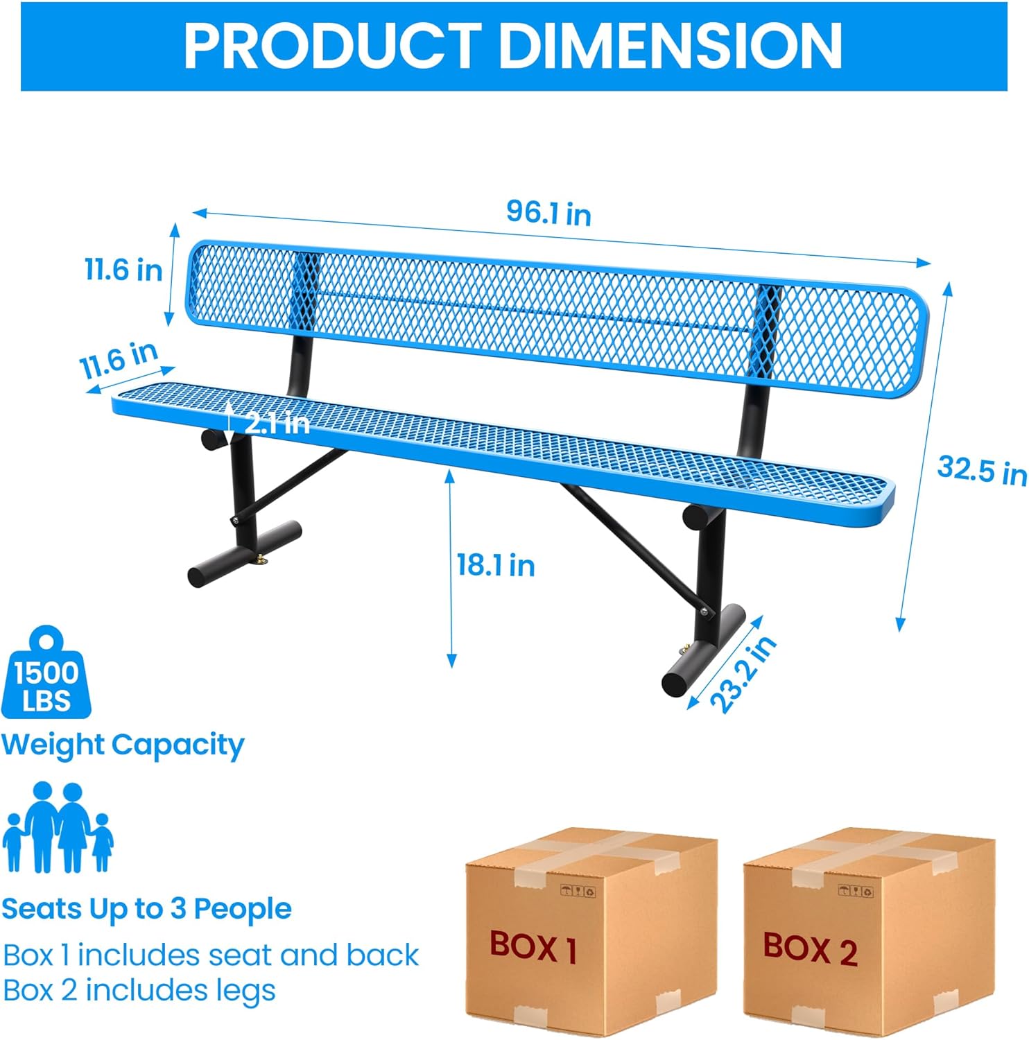 8 FT Steel Park Bench for Outside, Outdoor Bench with Backrest & Portable Frame, Thermoplastic Coating