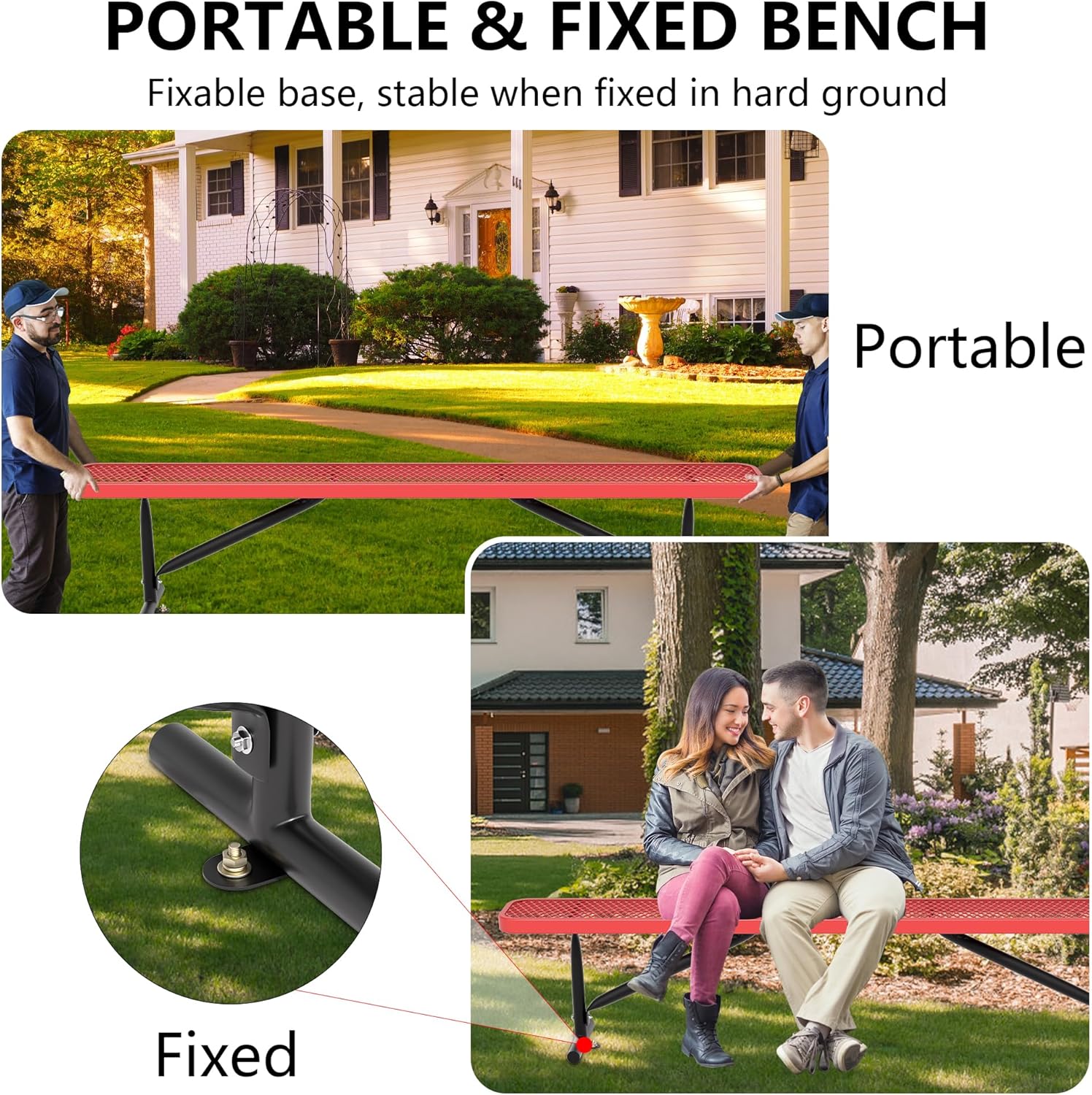 8 Feet Heavy Duty Metal Park Bench for Outside, Outdoor Bench with Portable Frame