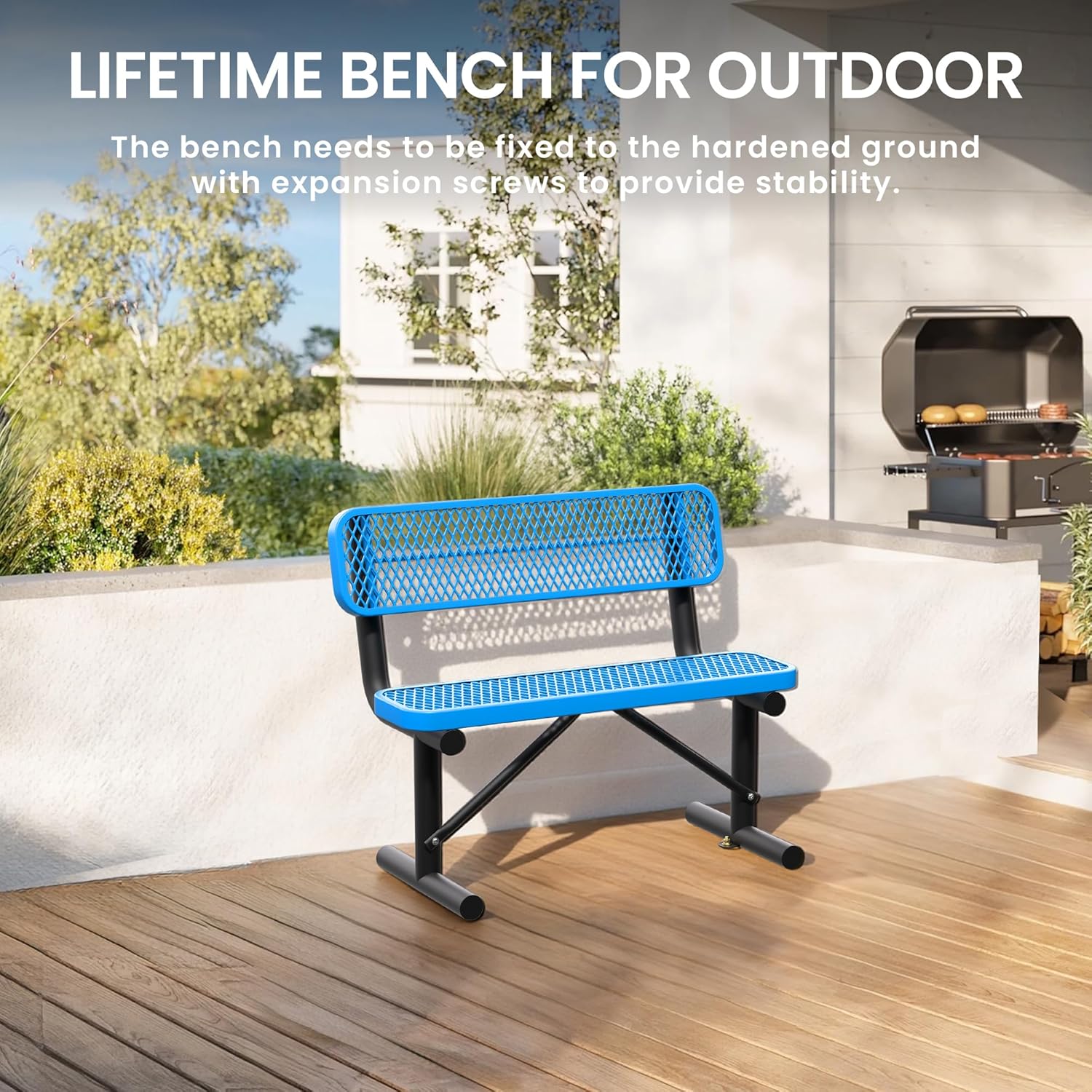 4 Feet Steel Metal Park Bench for Outside, Outdoor Bench with Backrest & Portable Frame, Thermoplastic Coating