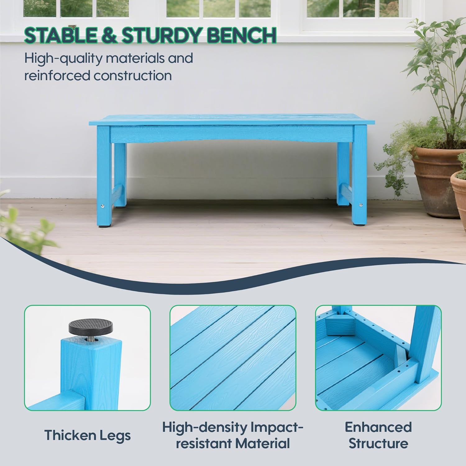 Weatherproof HIPS Outdoor Bench, 2-Person Patio Dining Bench, All-Weather Poly Lumber Garden Bench