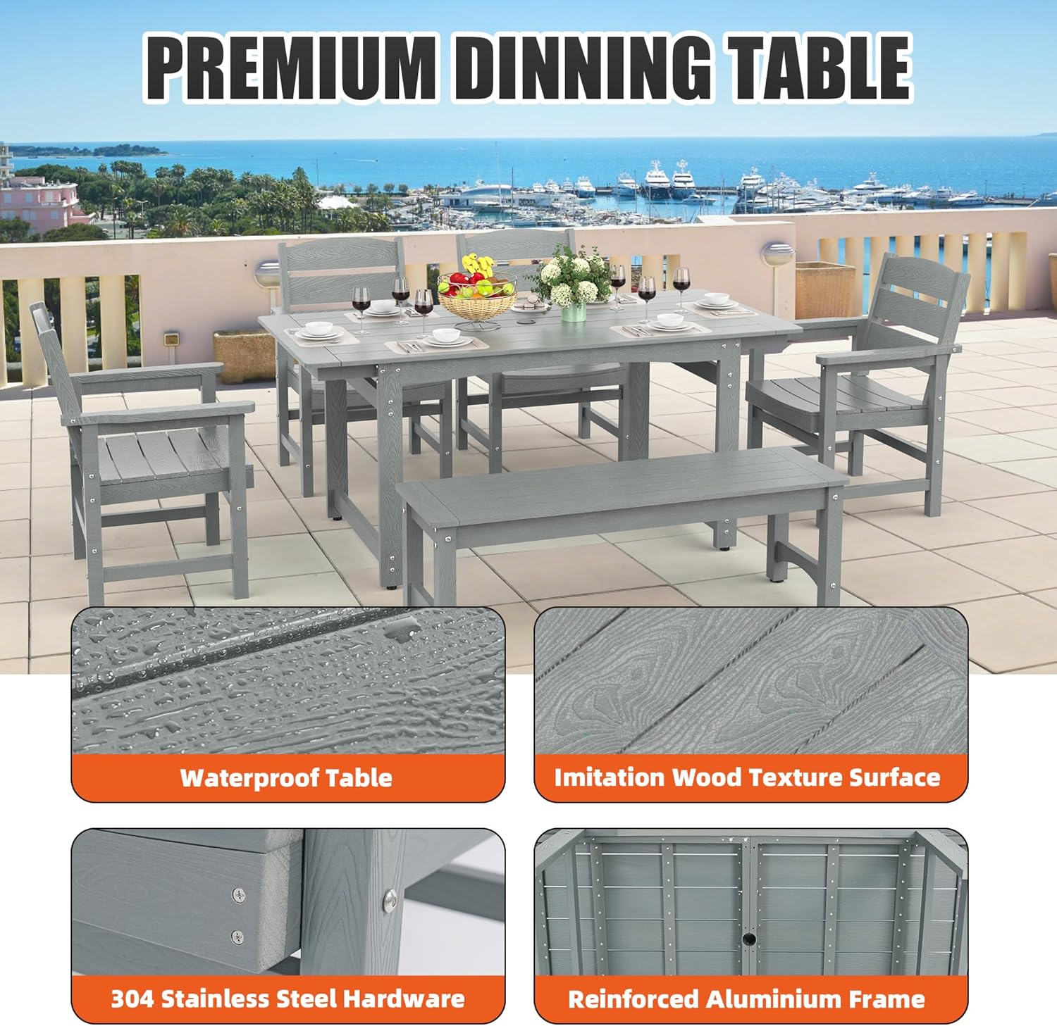 6-Piece HIPS Patio Dining Set, Outdoor Dining Table and Chairs Set with Umbrella Hole, Weatherproof Dining Table Set for 6 Person