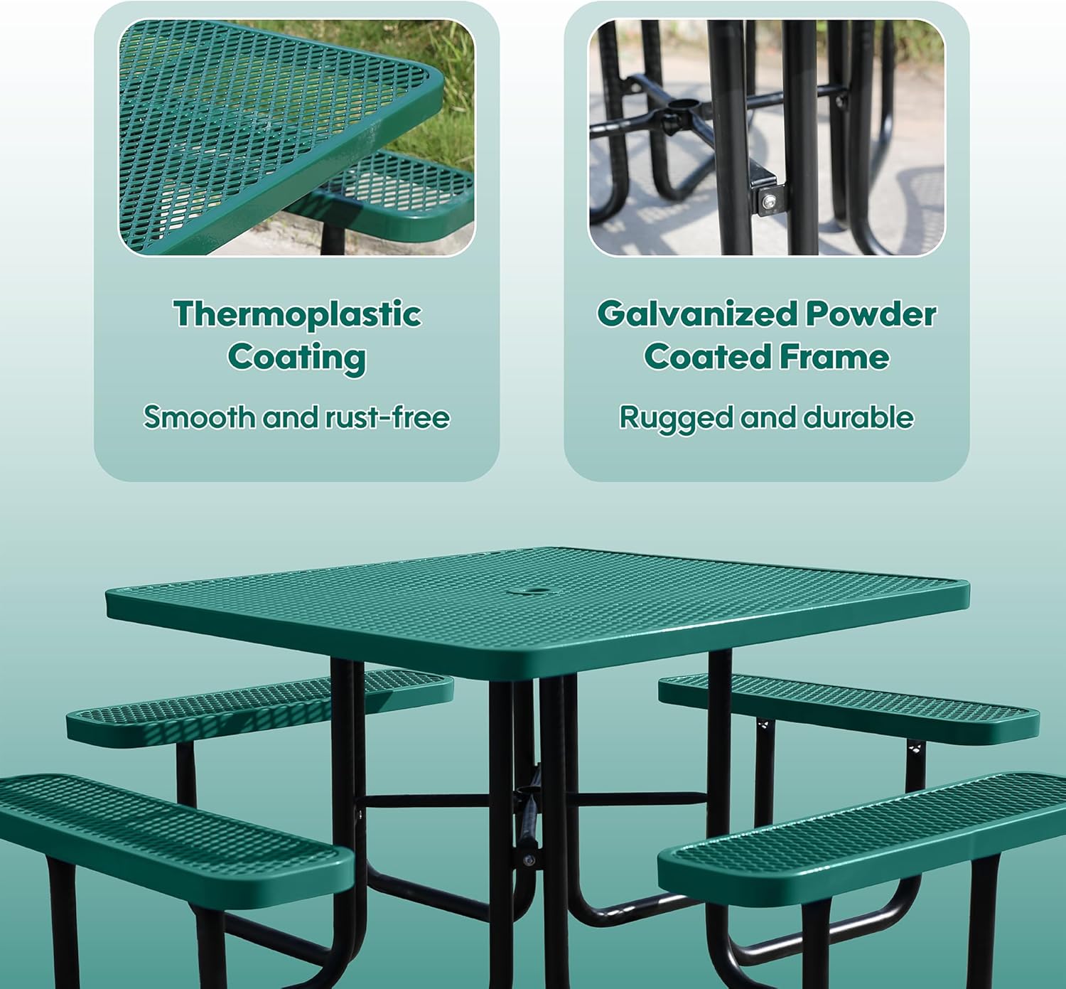 8-Person Picnic Tables for Outdoors, Industrial 46" Expanded Metal Square Picnic Table with 4 Benches & Umbrella Hole