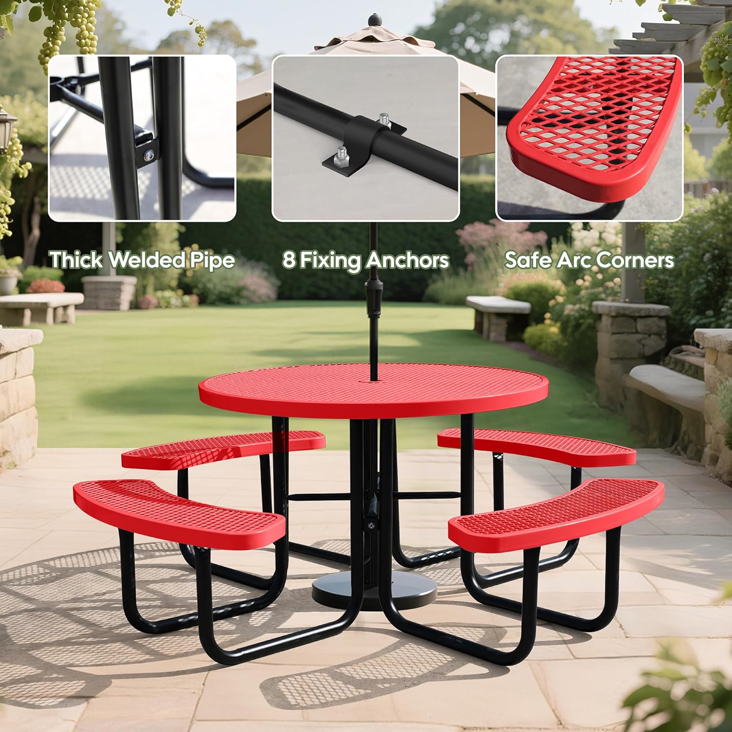 8-Person Picnic Tables for Outdoors, Industrial 46" Expanded Metal Round Picnic Table with 4 Benches & Umbrella Hole
