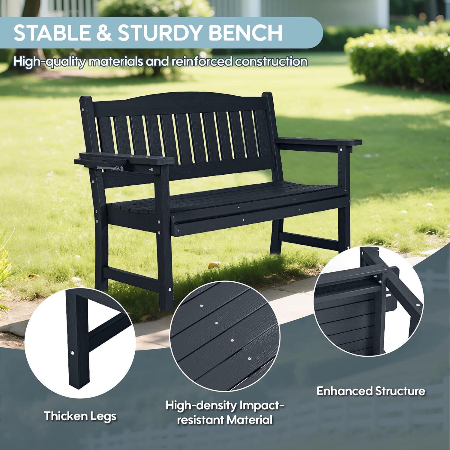 2-Person HIPS Outdoor Bench, Weatherproof Garden Bench with 800 lbs Weight Capacity, Artificial Wood Grains