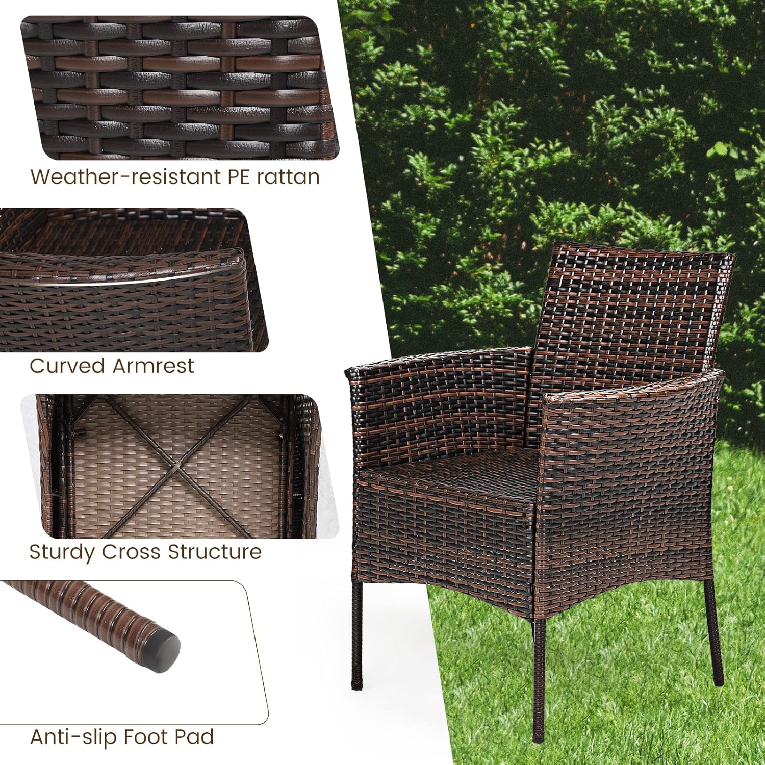 Outdoor PE Rattan Armchairs w/Cane Back, Seat Cushions for Bistro Porch Poolside Set of 2