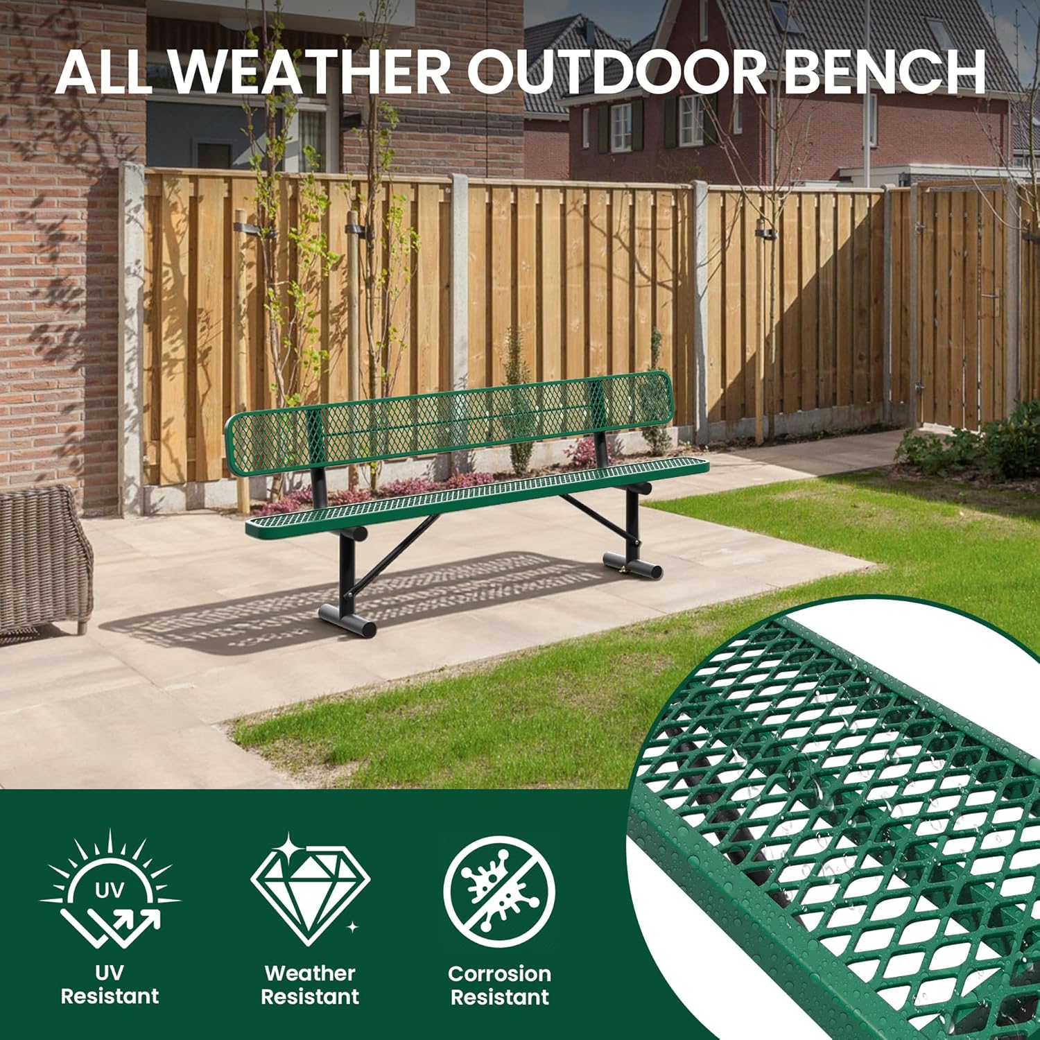 8 Feet Steel Park Bench for Outside, Outdoor Bench with Backrest & Portable Frame, Commercial Benches for Shopping Malls
