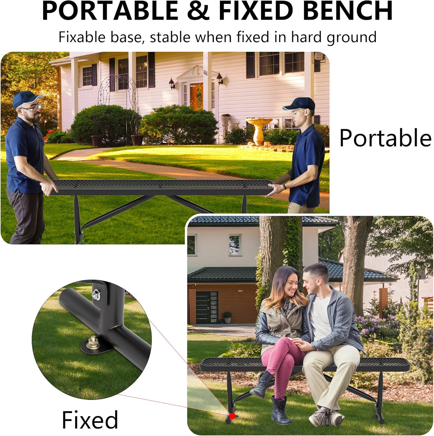 6 Feet Heavy Duty Metal Park Bench for Outside, Outdoor Bench with Portable Frame, Commercial Benches for Shopping Mall