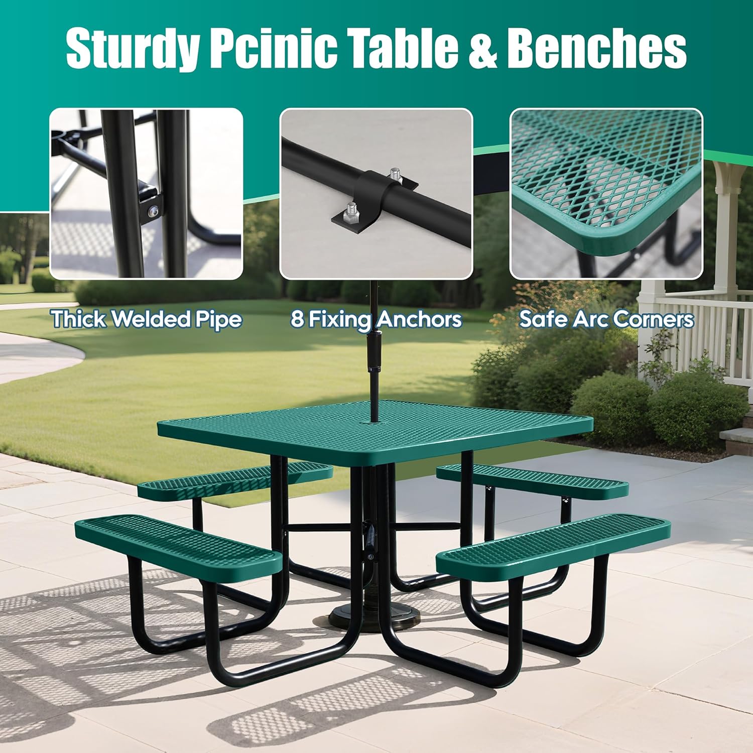 8-Person Picnic Tables for Outdoors, Industrial 46" Expanded Metal Square Picnic Table with 4 Benches & Umbrella Hole