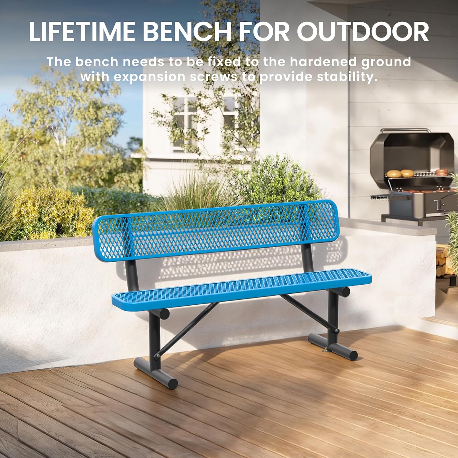 6 FT Steel Park Bench for Outside, Outdoor Bench with Backrest & Portable Frame, Thermoplastic Coating, Commercial Benches
