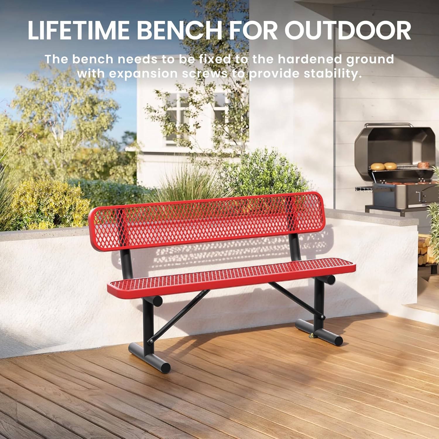 6 Feet Steel Park Bench for Outside, Outdoor Bench with Backrest & Portable Frame