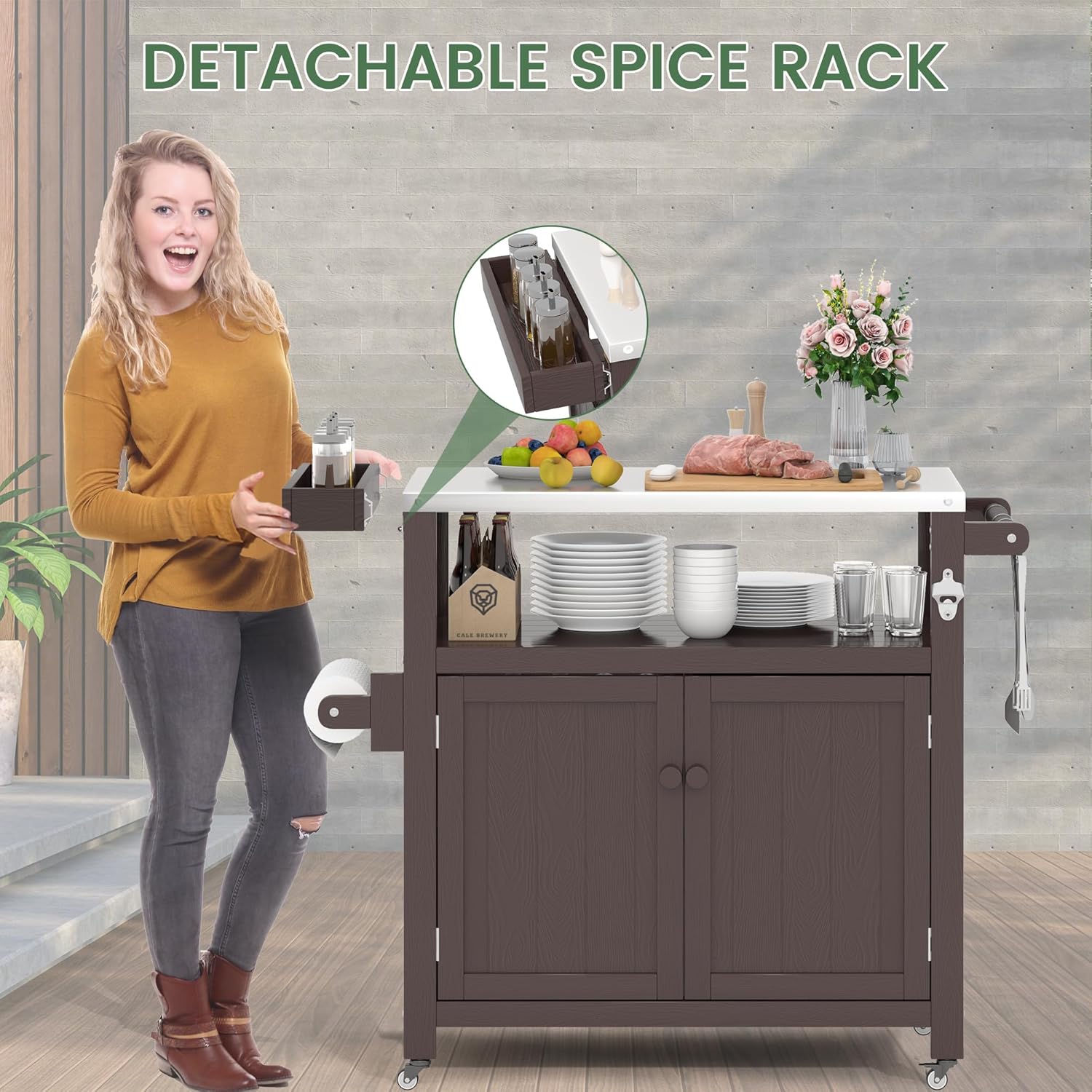 Weatherproof HIPS Outdoor Kitchen Island with Stainless Steel Top & Storage Cabinet