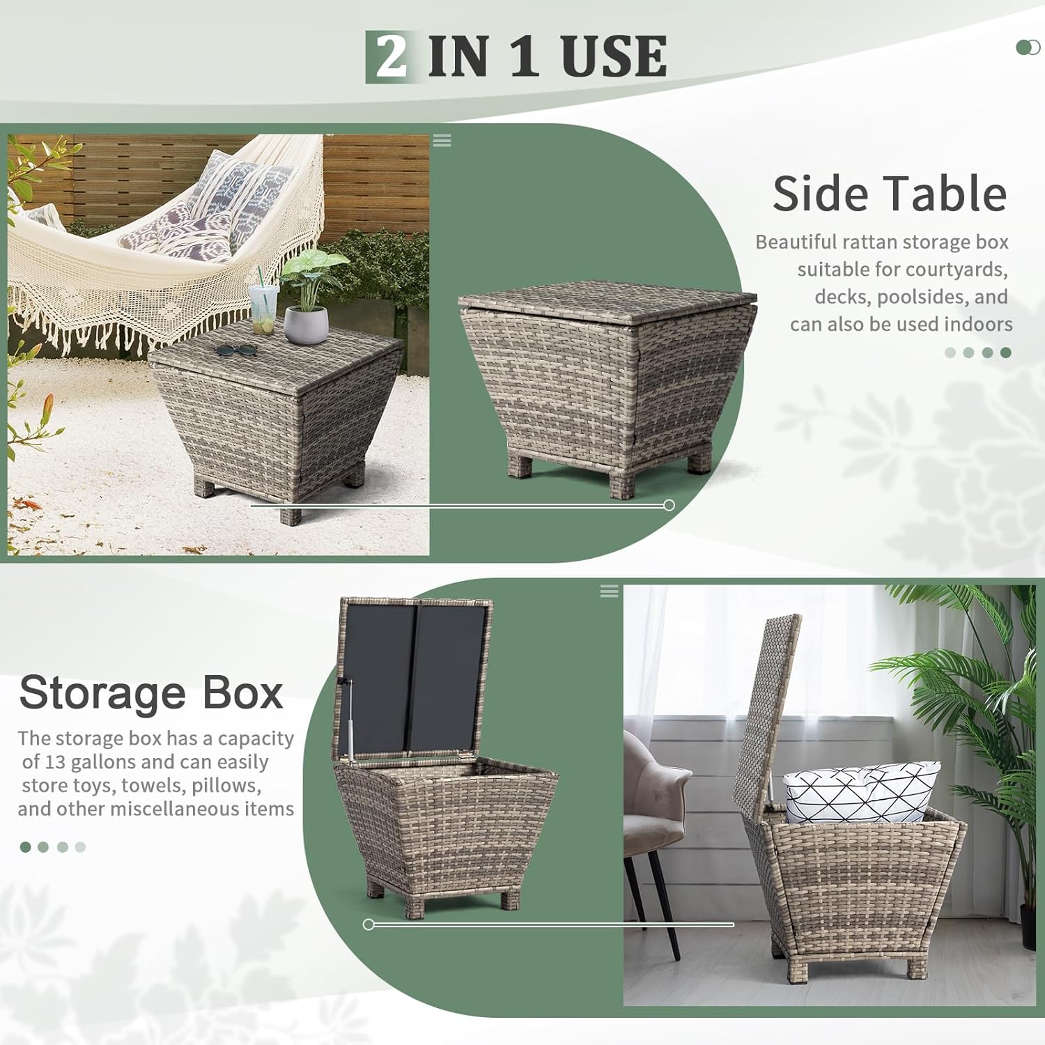 13-Gallon Patio Deck Box Outdoor Wicker Side Table for Poolside Balcony Storage Table