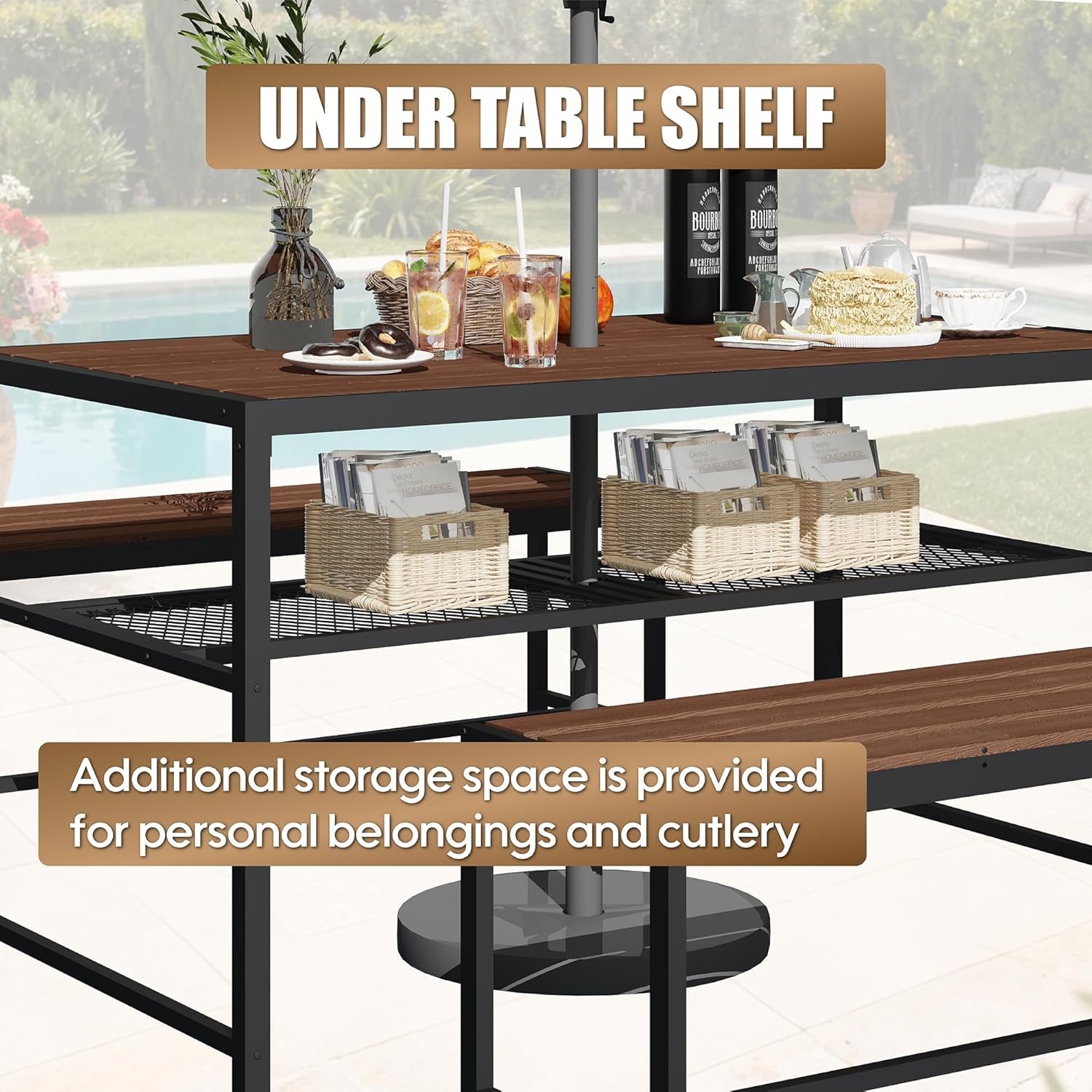 55'' Outdoor Picnic Table and Bench Set with 2" Umbrella Hole and Storage Shelf, Patio Dining Set for 6 People