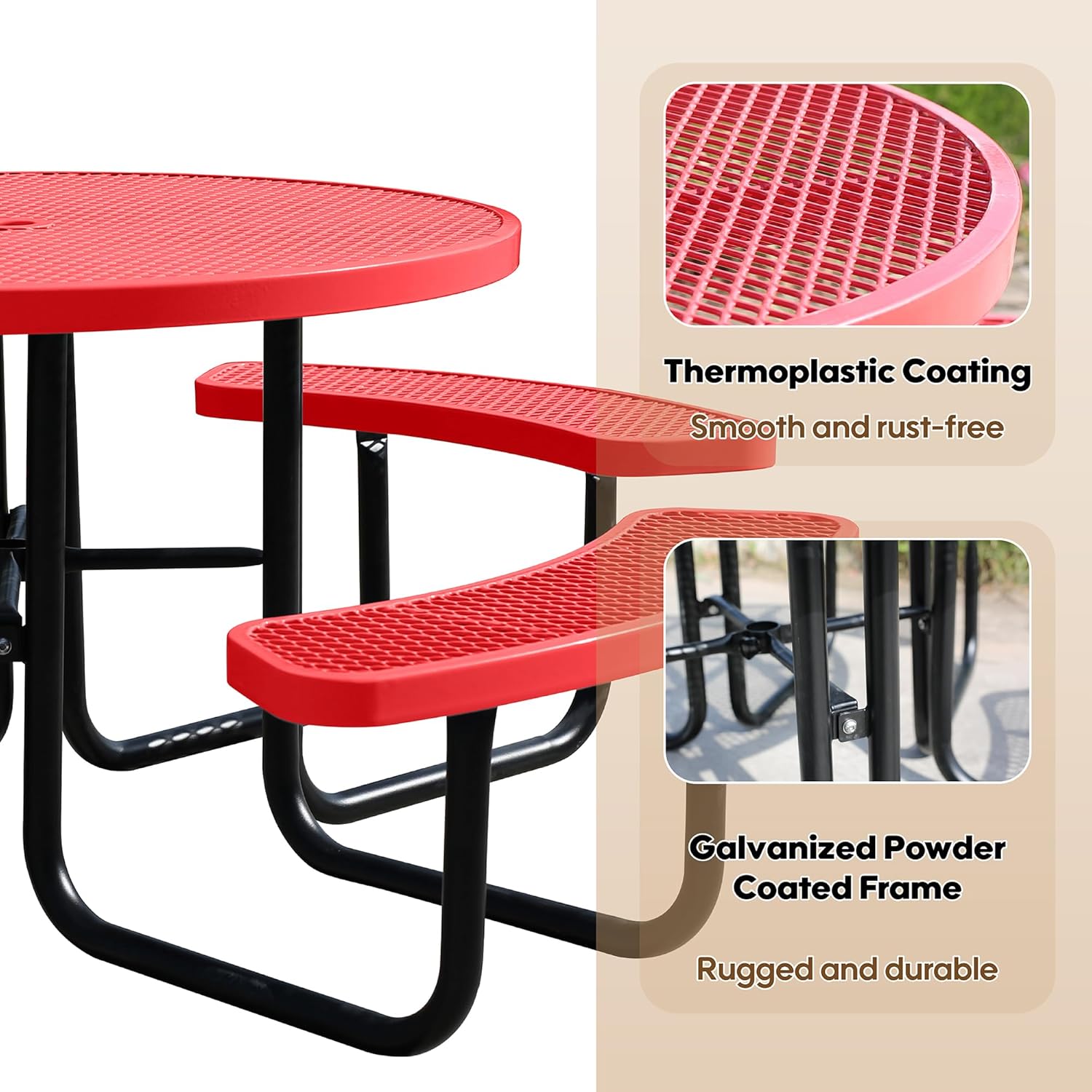 8-Person Picnic Tables for Outdoors, Industrial 46" Expanded Metal Round Picnic Table with 4 Benches & Umbrella Hole