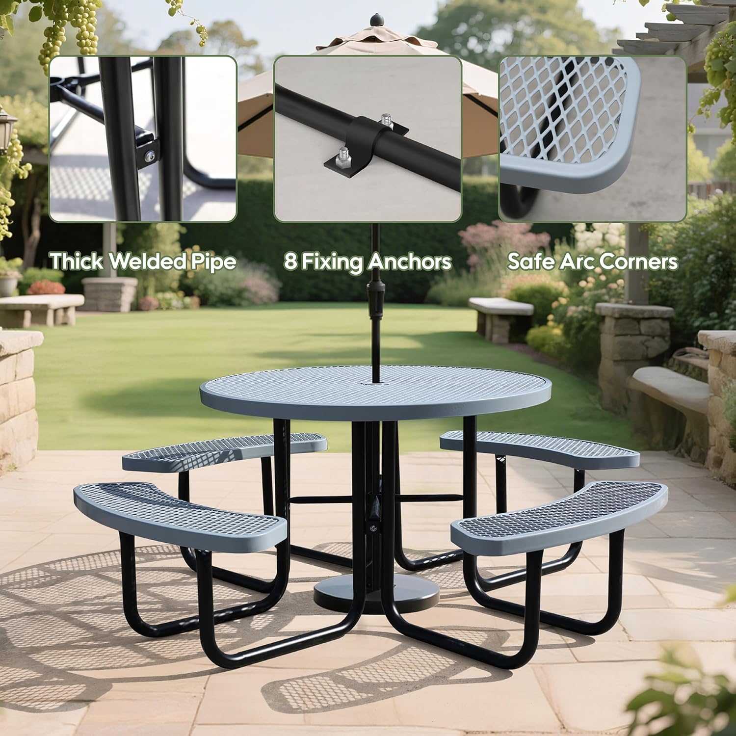 8-Person Picnic Tables for Outdoors, Industrial 46" Expanded Metal Round Picnic Table