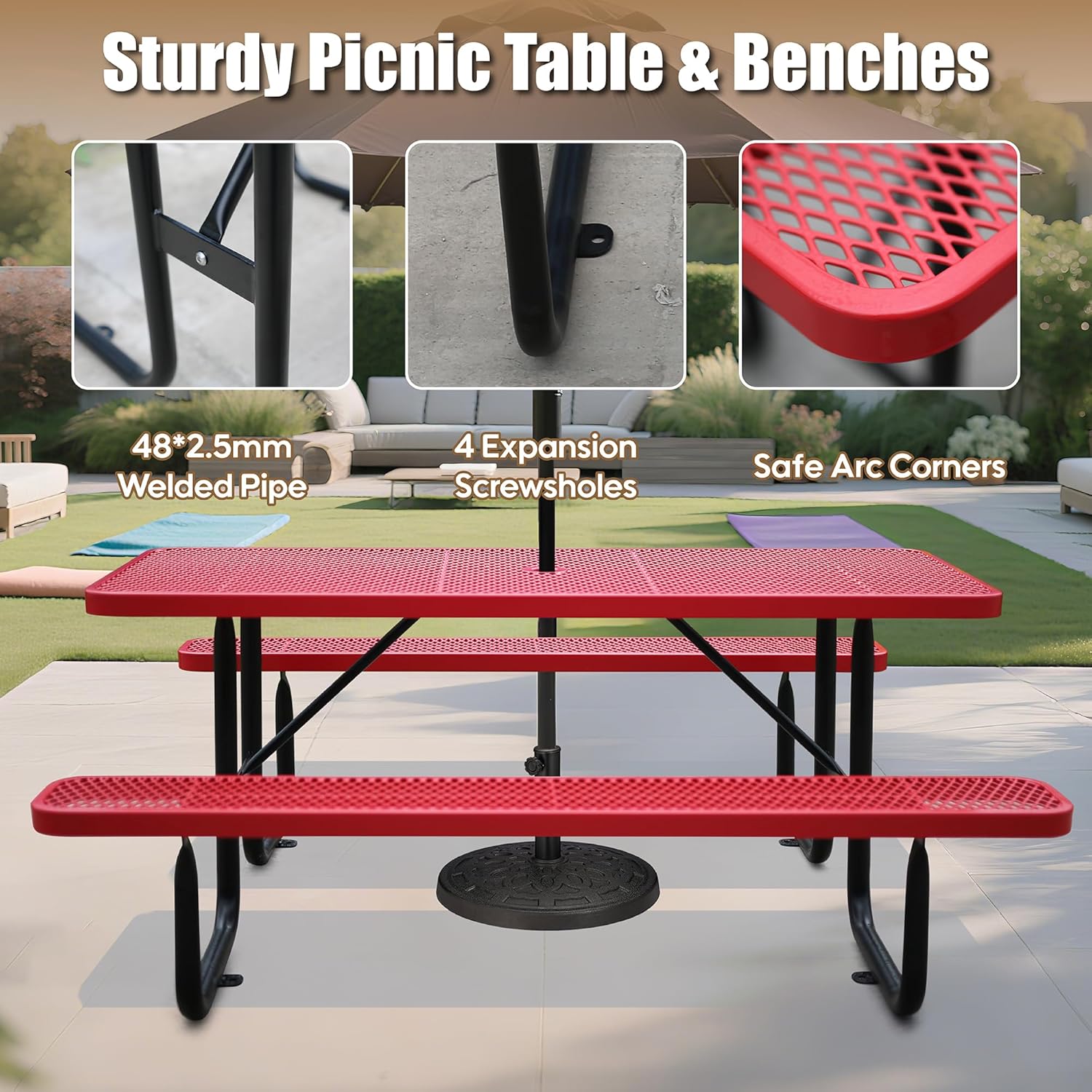 6FT Metal Picnic Tables for Outdoors, Commercial Rectangular Picnic Table and Bench Set