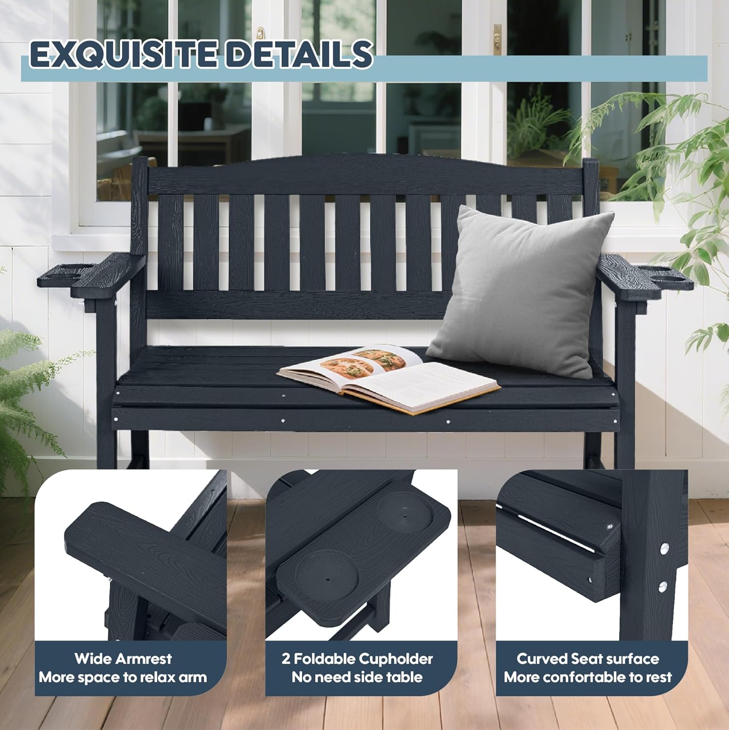 2-Person HIPS Outdoor Bench, Weatherproof Garden Bench with 800 lbs Weight Capacity, Artificial Wood Grains