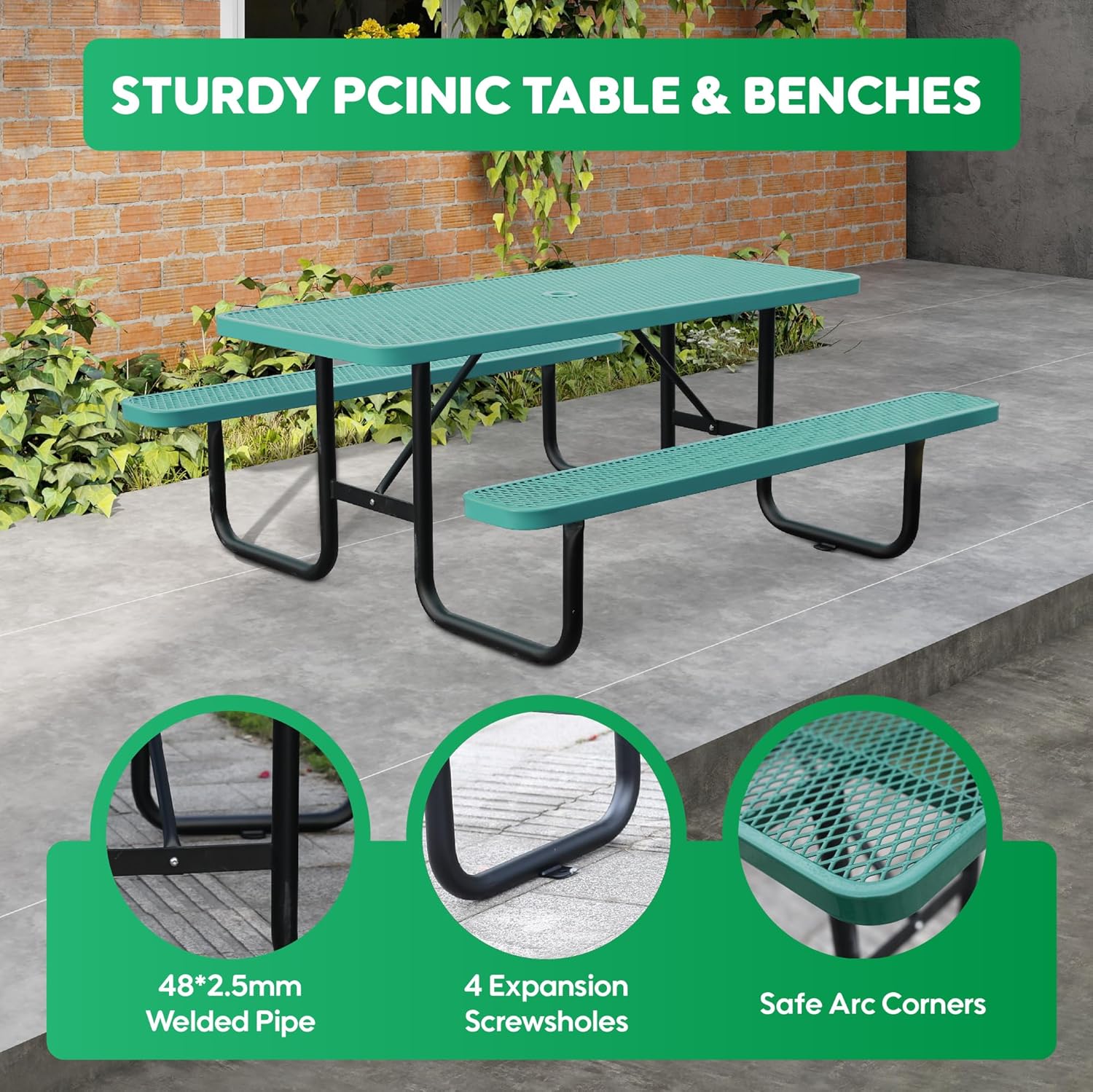 4FT Metal Picnic Tables for Outdoors, Commercial Rectangular Picnic Table and Bench Set