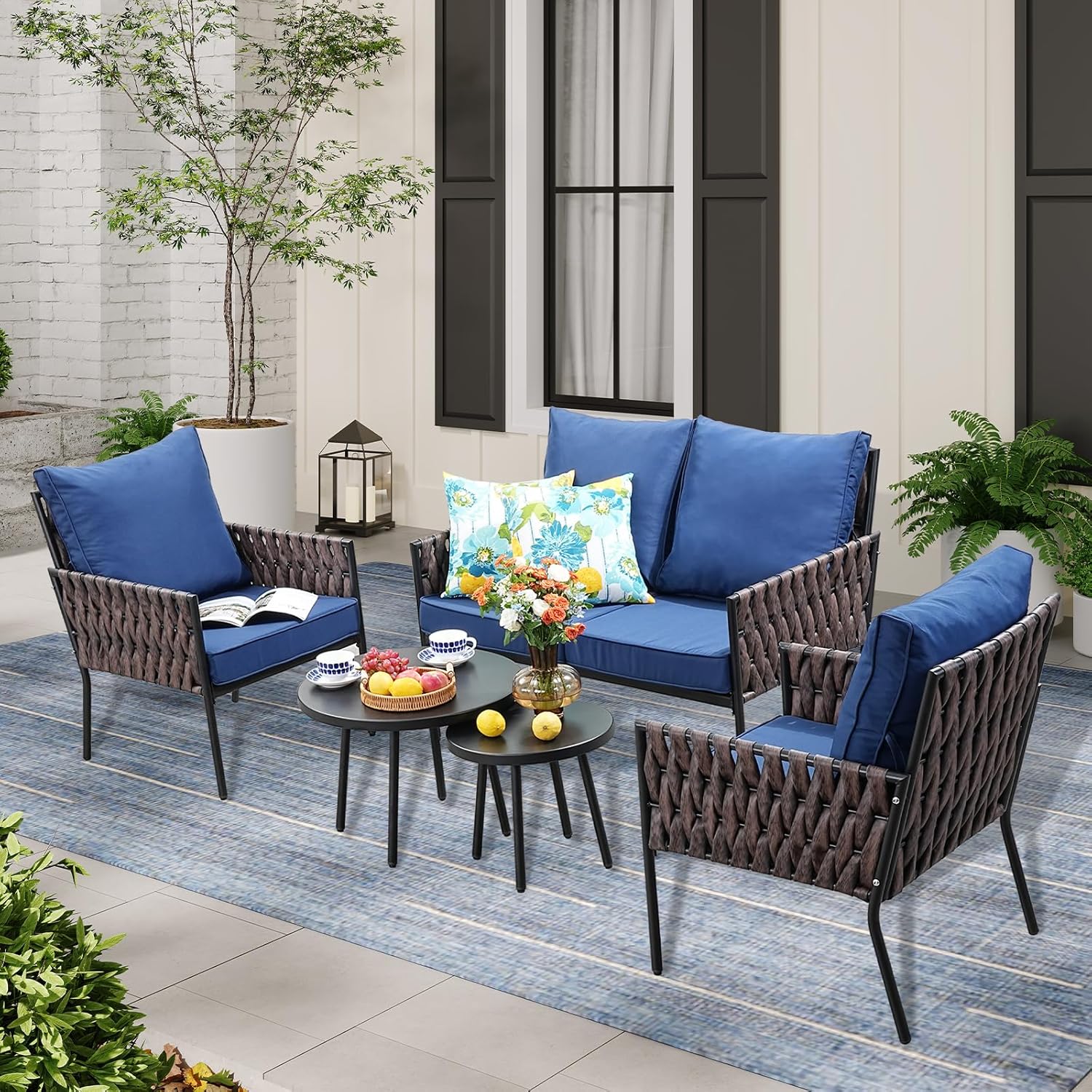5-Piece Wider Outdoor Metal Seating Sofa with High Back & Loveseat