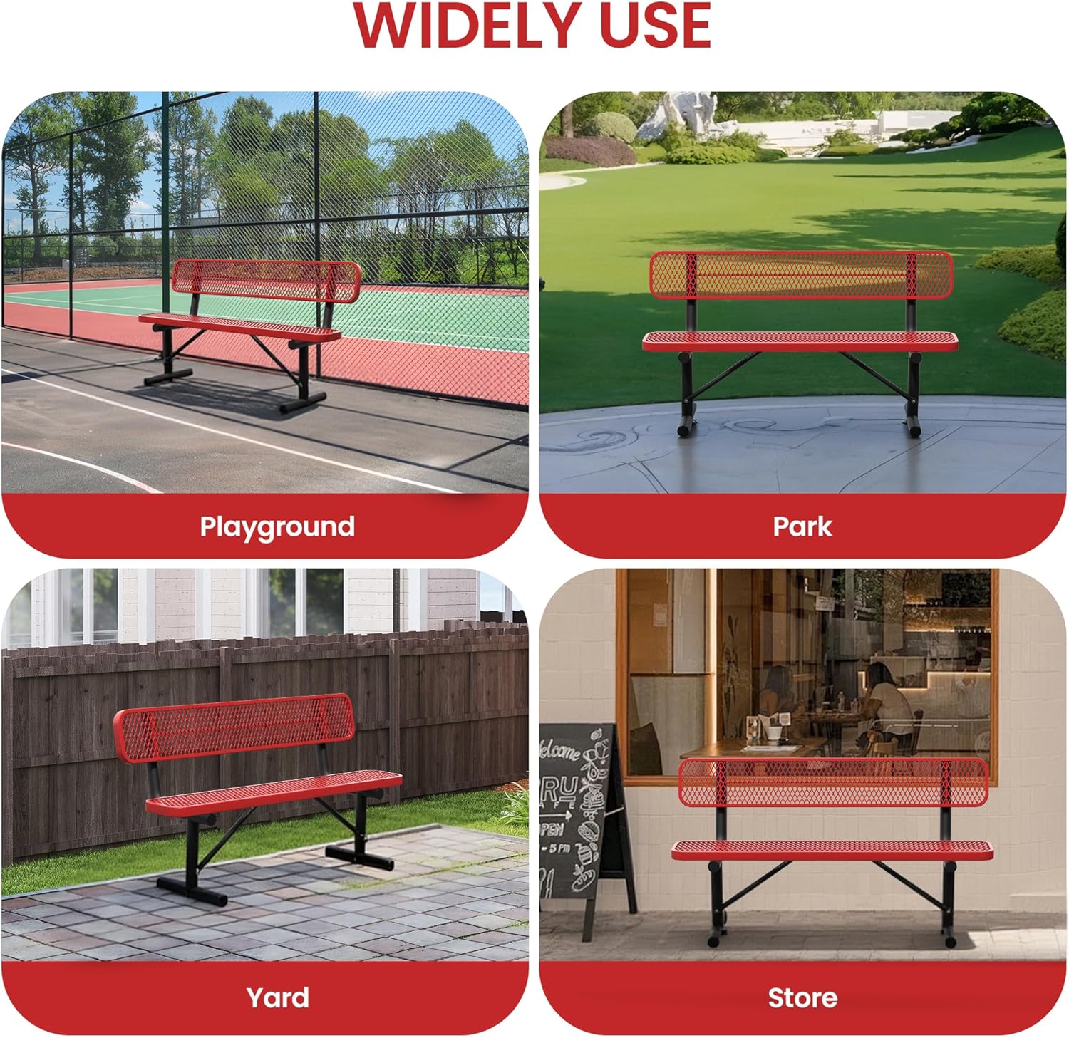 6 Feet Steel Park Bench for Outside, Outdoor Bench with Backrest & Portable Frame