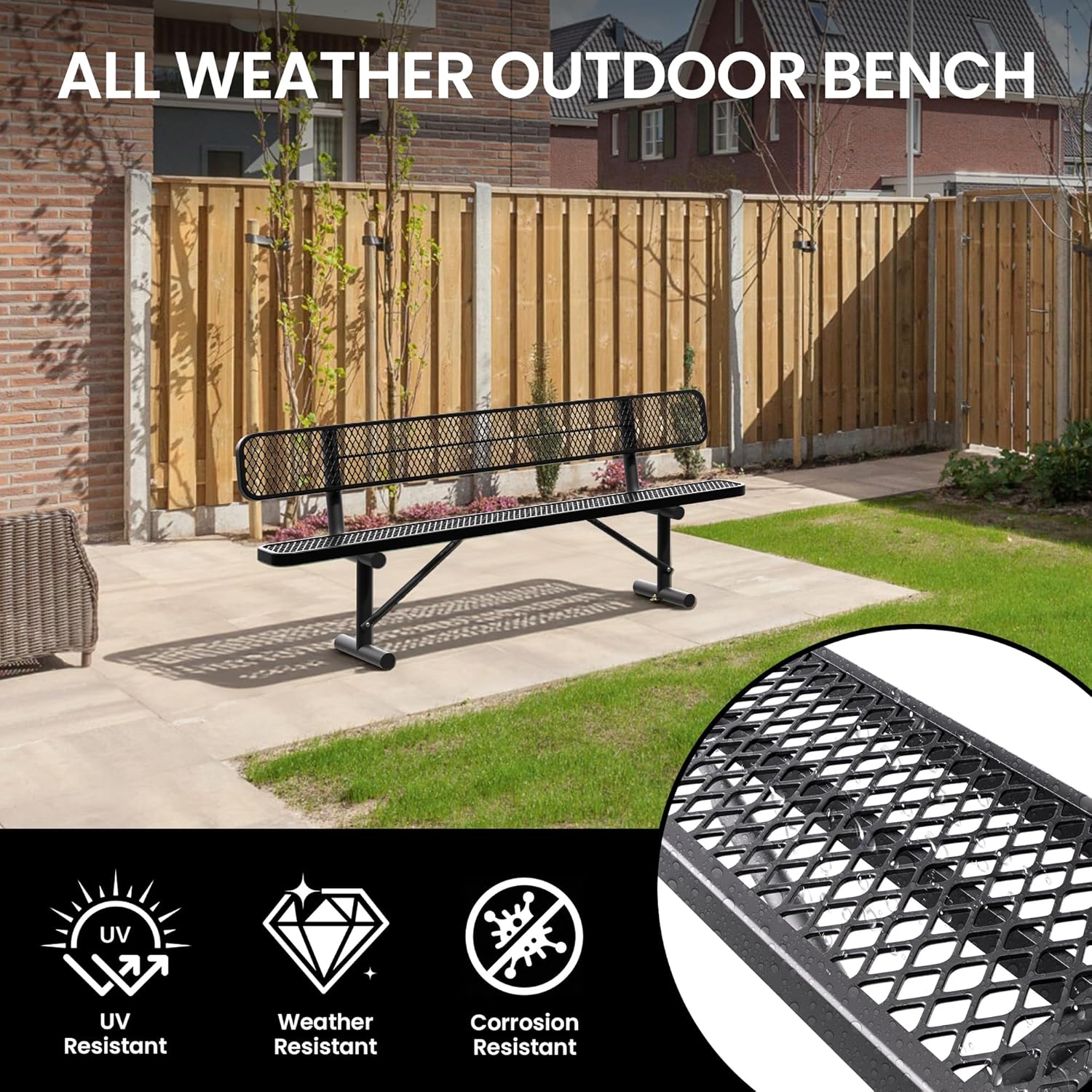 8 Feet Heavy Duty Metal Park Bench for Outside, Outdoor Bench with Backrest & Portable Frame