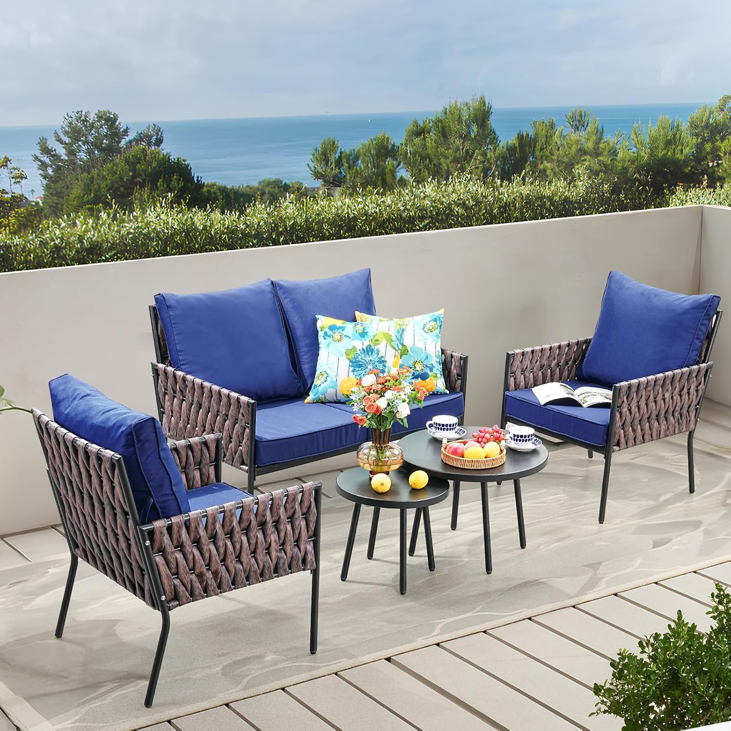 5-Piece Wider Outdoor Metal Seating Sofa with High Back & Loveseat