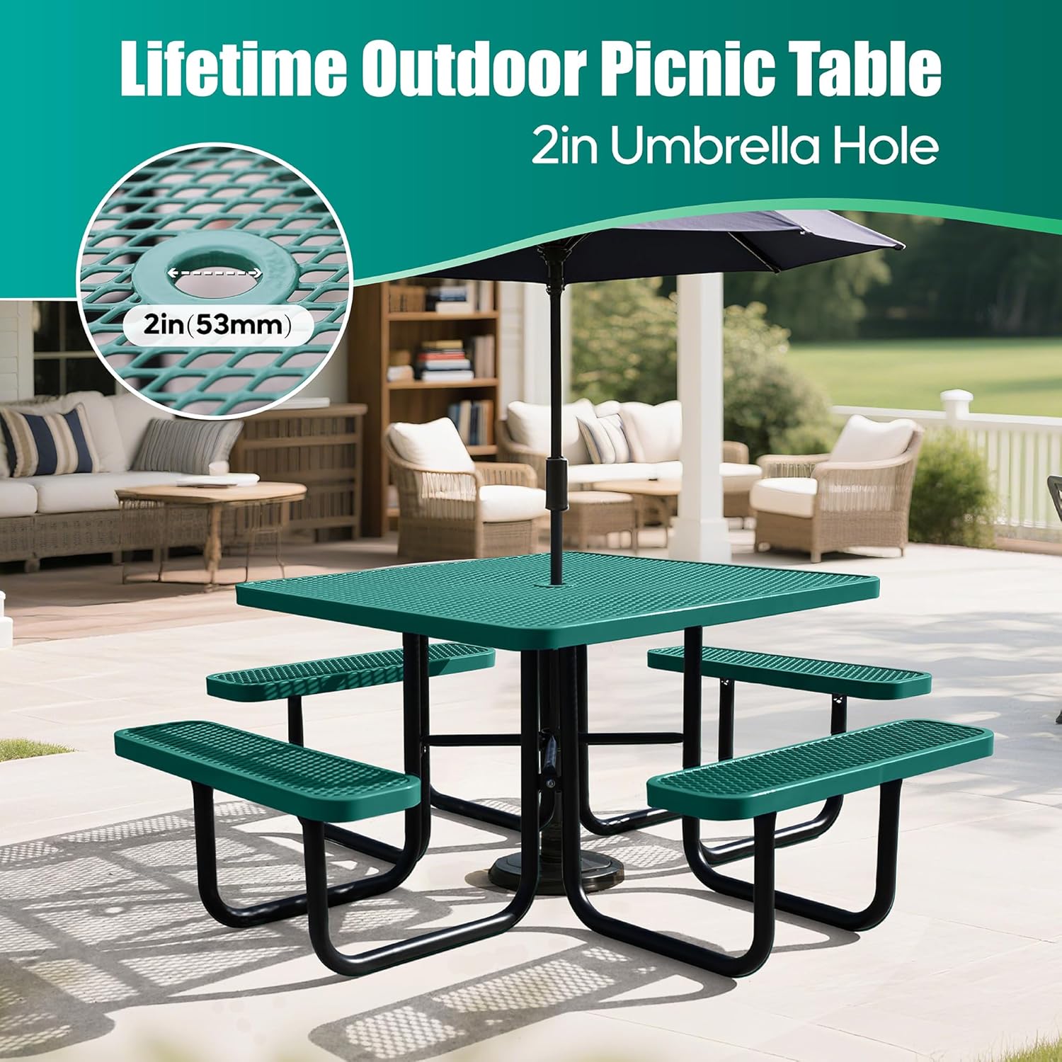 8-Person Picnic Tables for Outdoors, Industrial 46" Expanded Metal Square Picnic Table with 4 Benches & Umbrella Hole