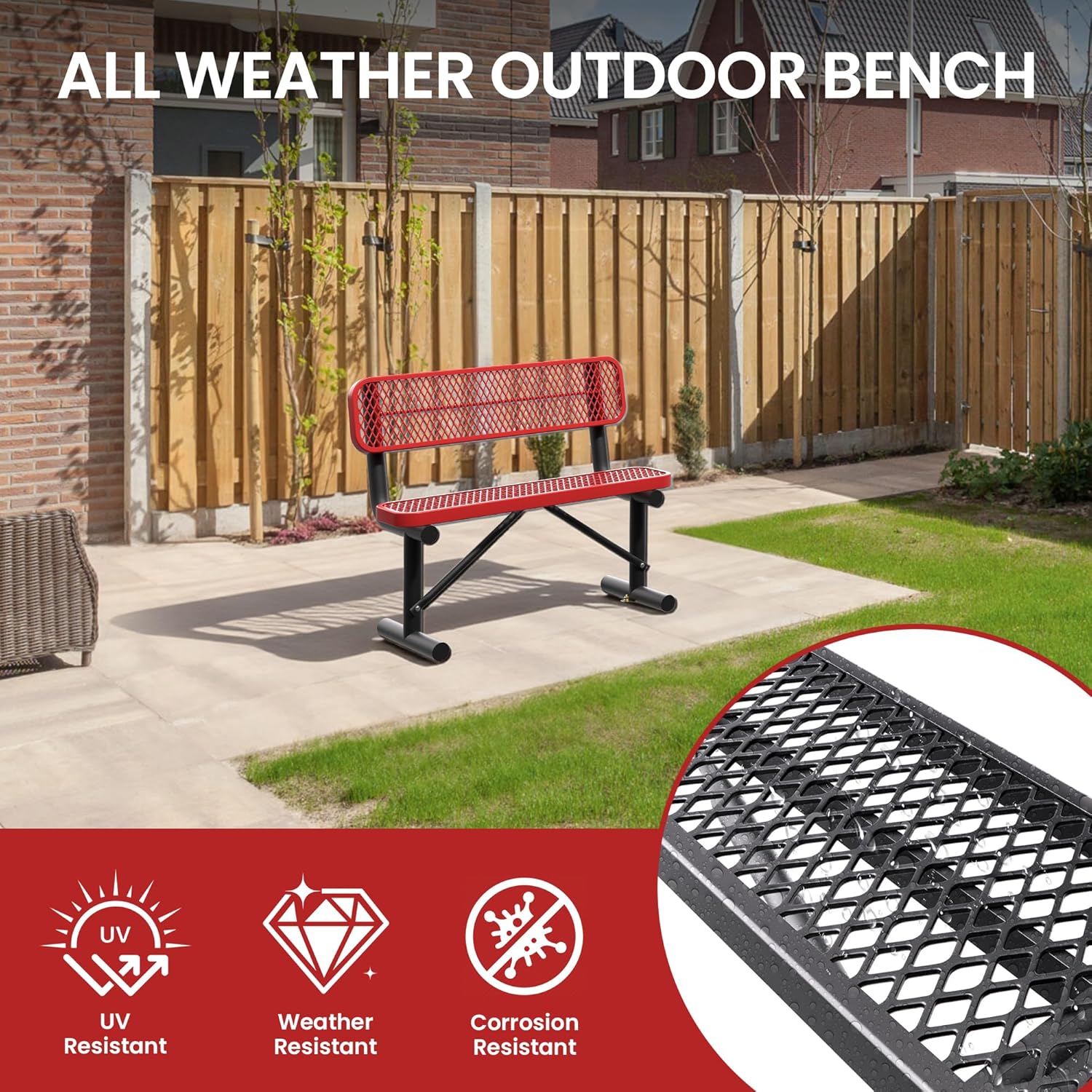 4 Feet Steel Park Bench for Outside, Outdoor Bench with Backrest & Portable Frame, Commercial Benches