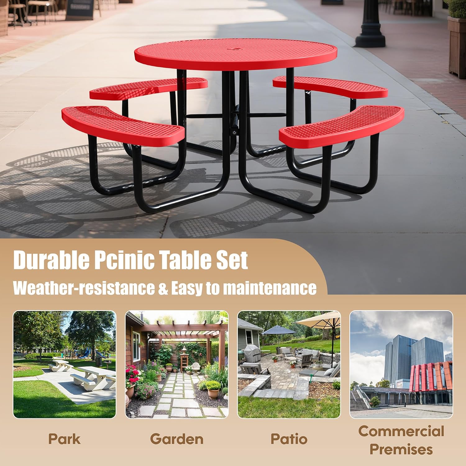 8-Person Picnic Tables for Outdoors, Industrial 46" Expanded Metal Round Picnic Table with 4 Benches & Umbrella Hole