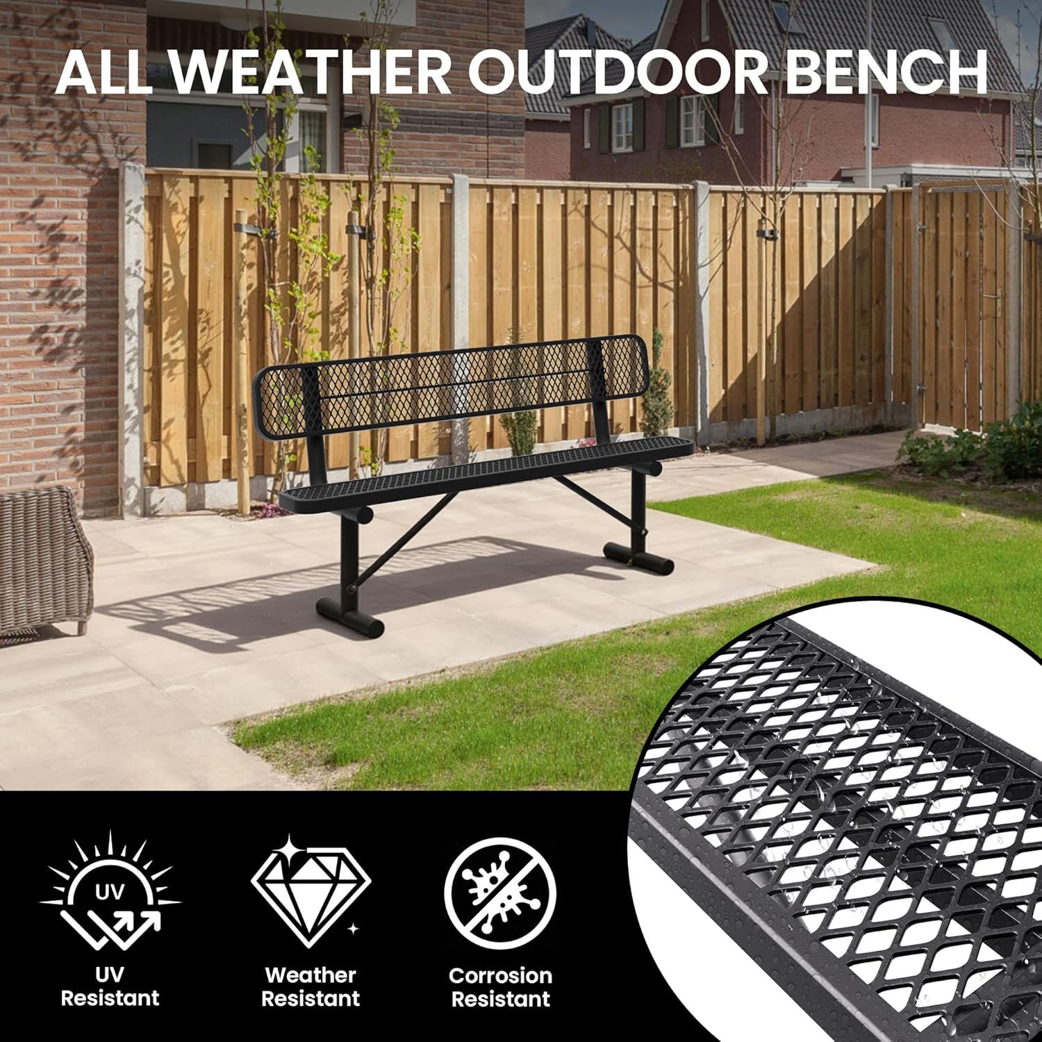 6 Feet Heavy Duty Metal Park Bench for Outside, Outdoor Bench with Backrest & Portable Frame