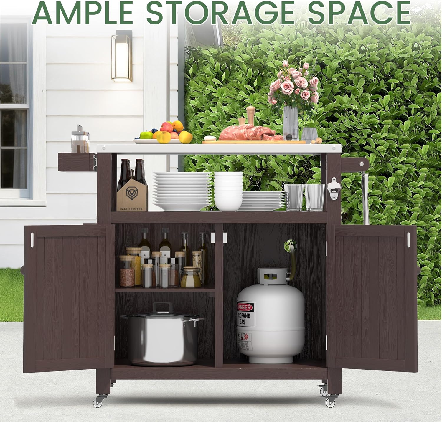 Weatherproof HIPS Outdoor Kitchen Island with Stainless Steel Top & Storage Cabinet