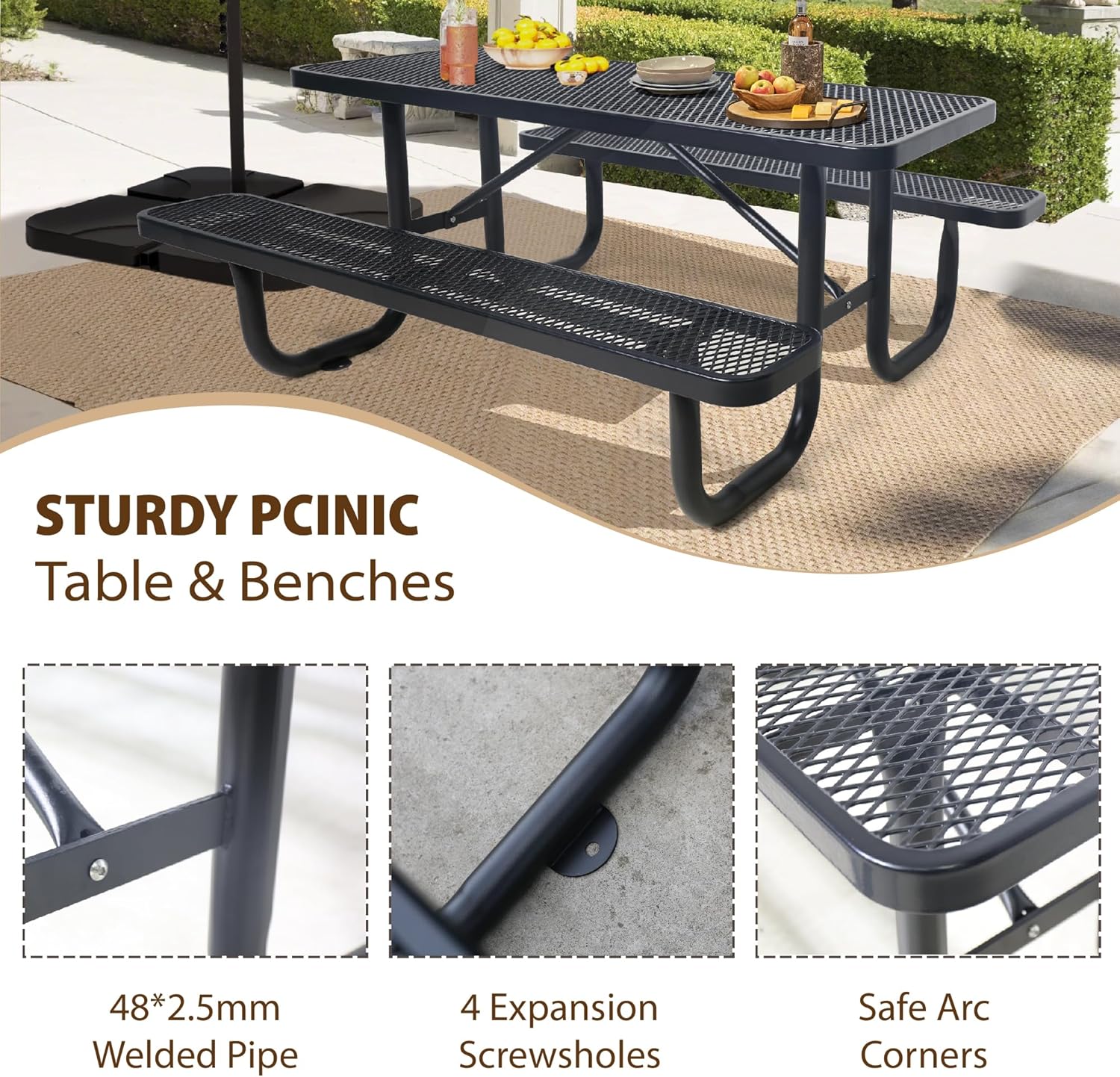 4FT Metal Picnic Tables for Outdoors, Commercial Rectangular Picnic Table and Bench Set for Outside