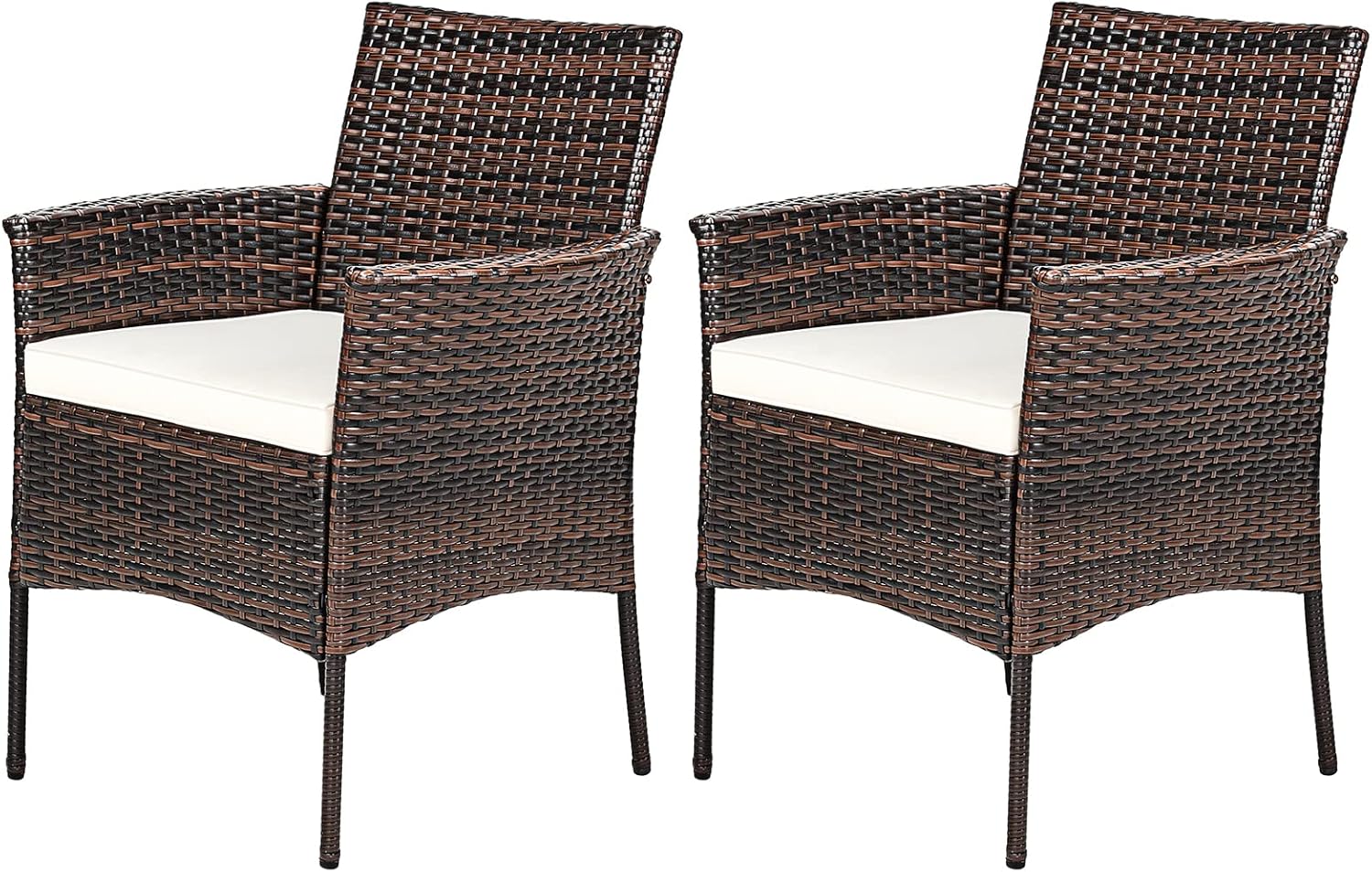 Outdoor PE Rattan Armchairs w/Cane Back, Seat Cushions for Bistro Porch Poolside Set of 2