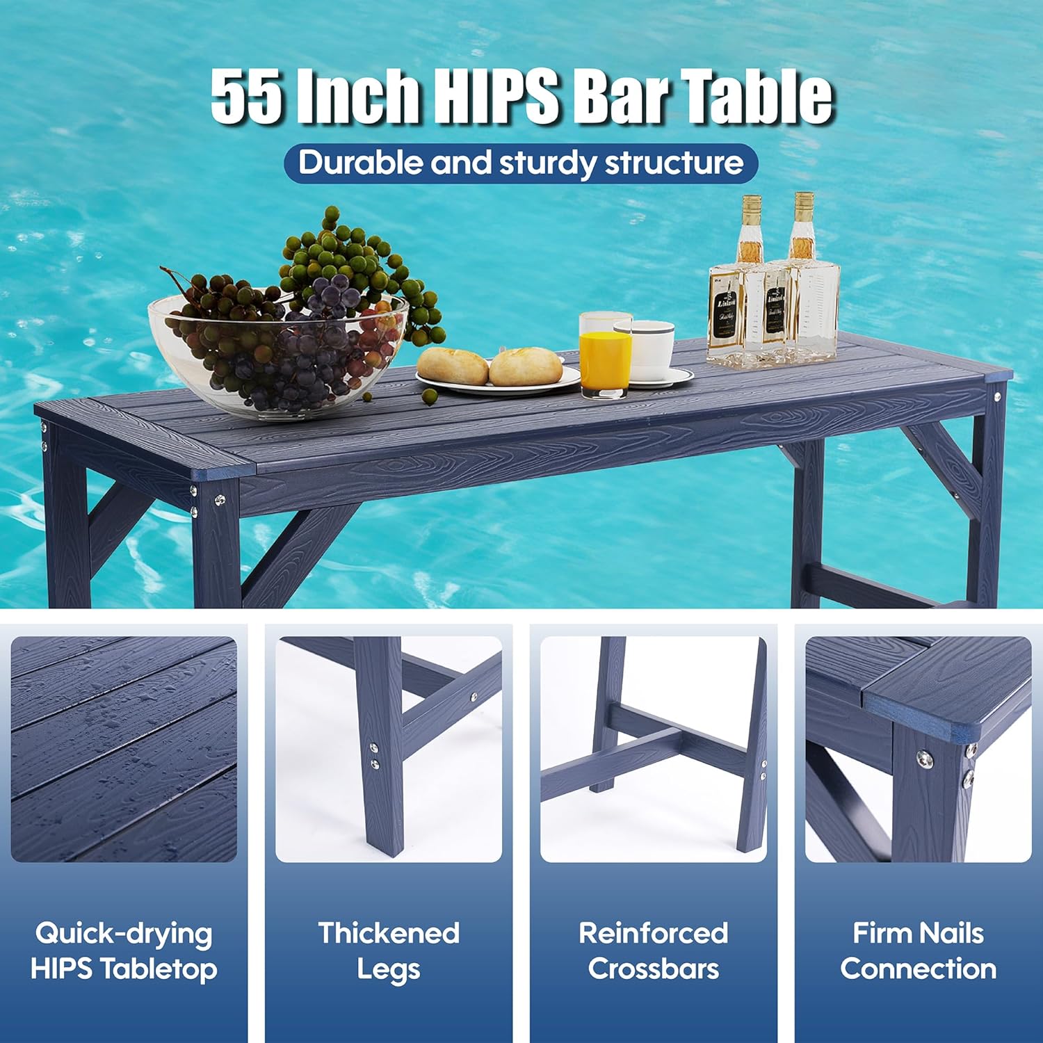 3Pcs HIPS Outdoor Patio Bar Set, All Weather HIPS Bar Table and Chairs Set for Outside, 55" Rectangular High Top Bar Table with 2 Bar Stools