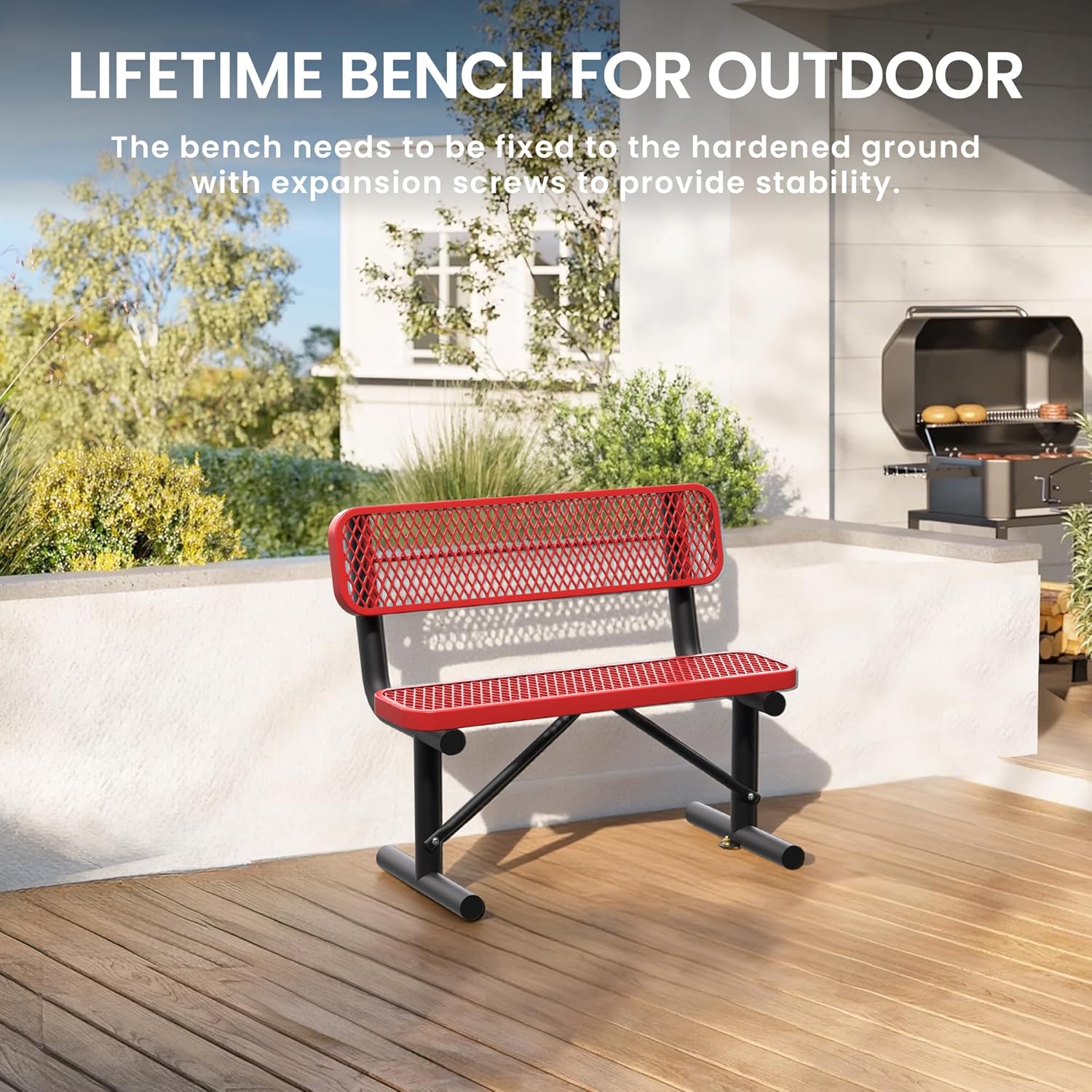 4 Feet Steel Park Bench for Outside, Outdoor Bench with Backrest & Portable Frame, Commercial Benches