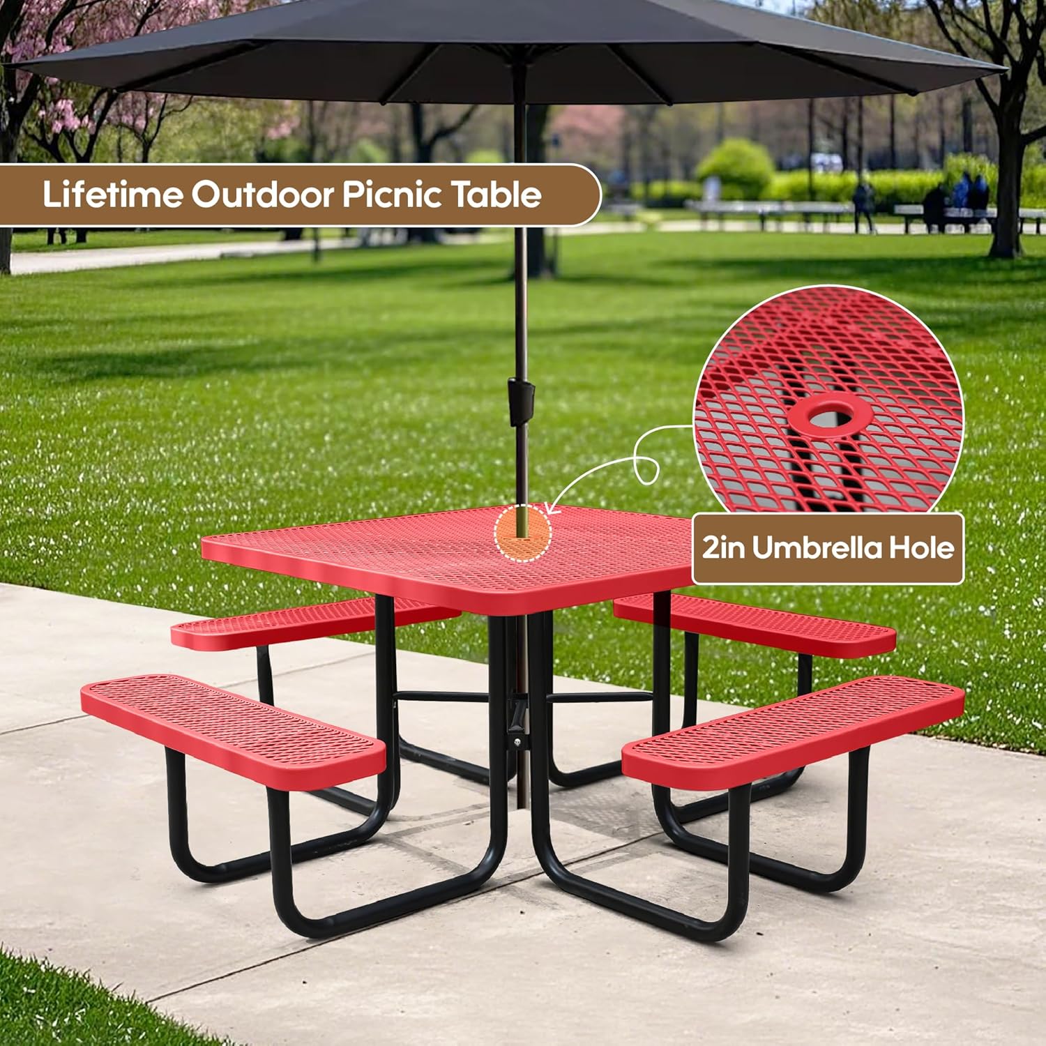 8-Person Picnic Tables for Outdoors, Industrial 46" Expanded Metal Square Picnic Table with 4 Benches & Umbrella Hole