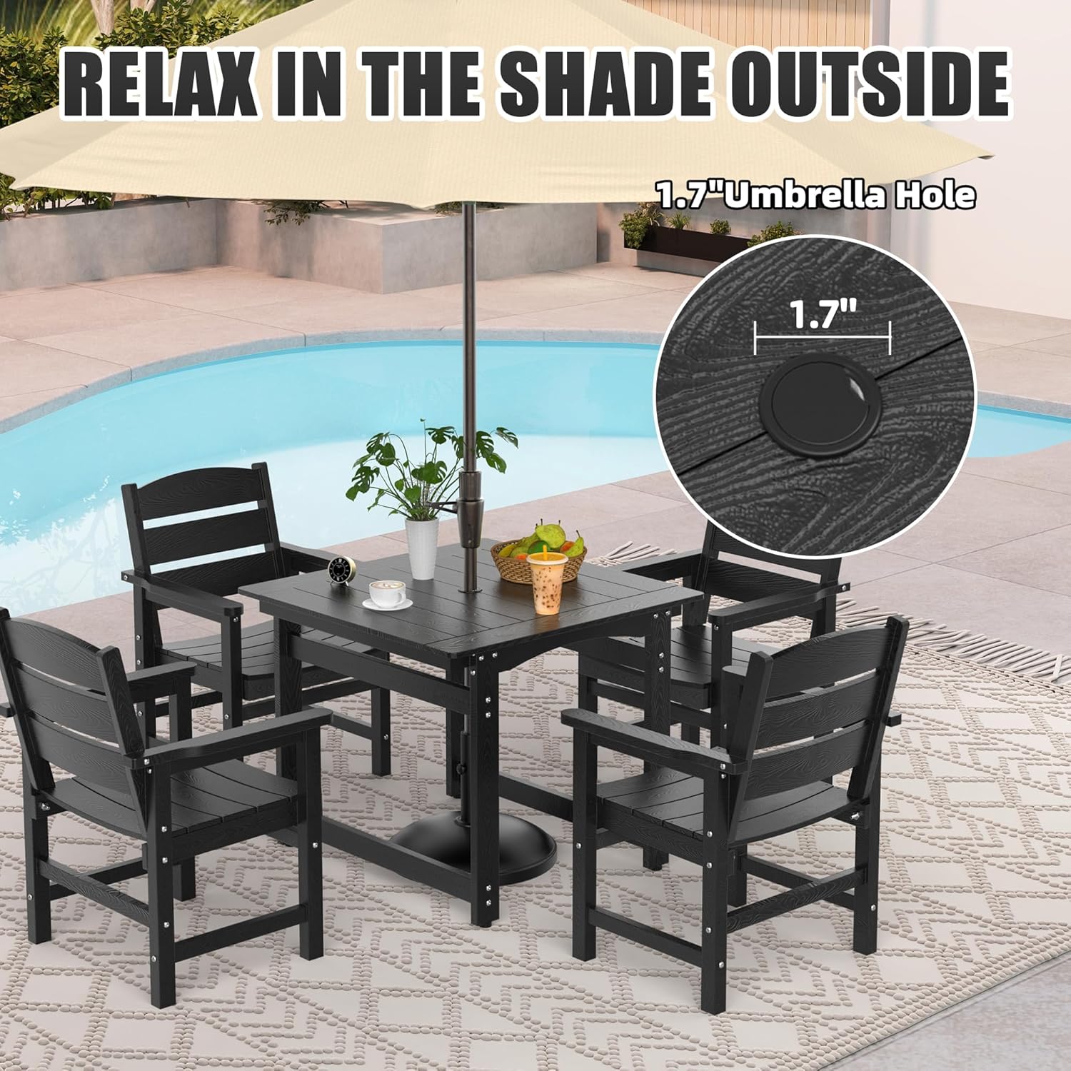 5-Piece HIPS Patio Dining Set, Outdoor Dining Table and Chairs Set with Umbrella Hole, Weatherproof Dining Table Set for 6 Person