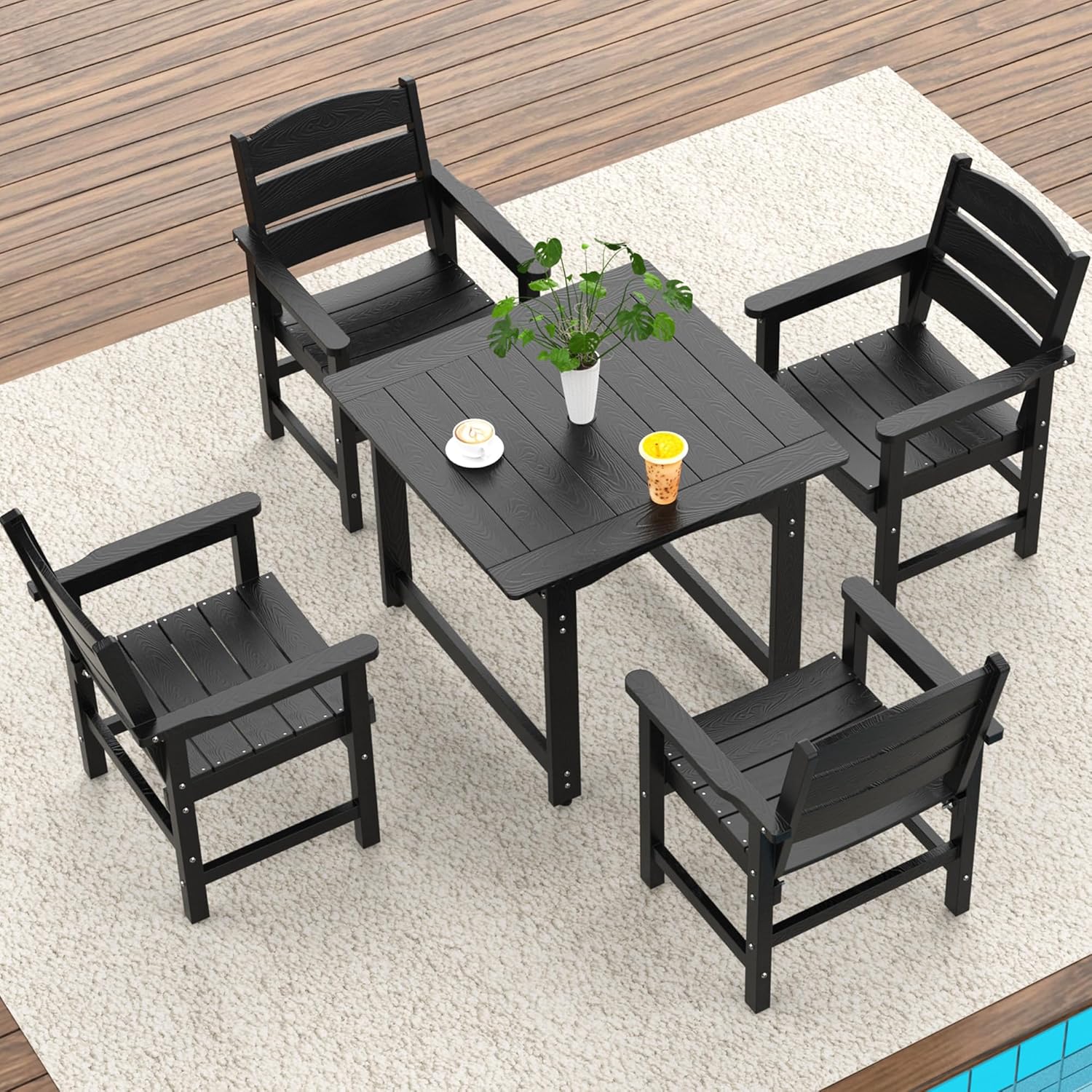 5-Piece HIPS Patio Dining Set, Outdoor Dining Table and Chairs Set with Umbrella Hole, Weatherproof Dining Table Set for 6 Person