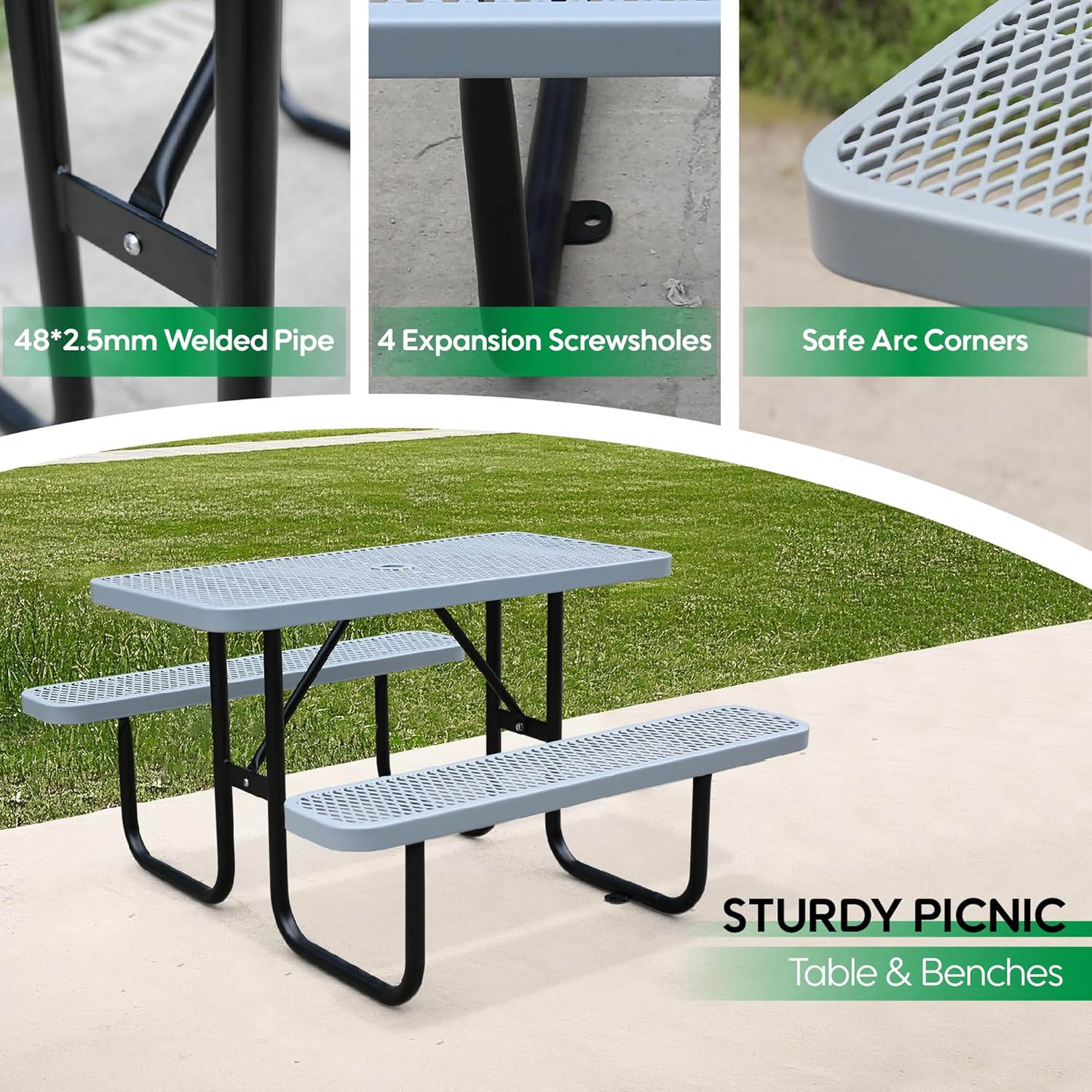 4FT Metal Picnic Tables for Outdoors, Commercial Rectangular Picnic Table and Bench Set