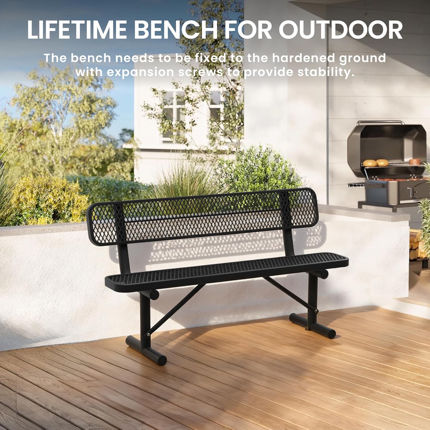 6 Feet Heavy Duty Metal Park Bench for Outside, Outdoor Bench with Backrest & Portable Frame