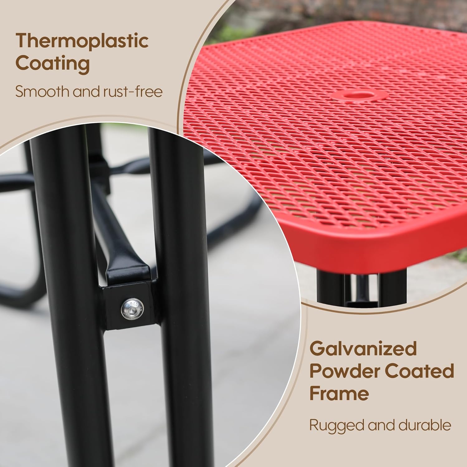 8-Person Picnic Tables for Outdoors, Industrial 46" Expanded Metal Square Picnic Table with 4 Benches & Umbrella Hole