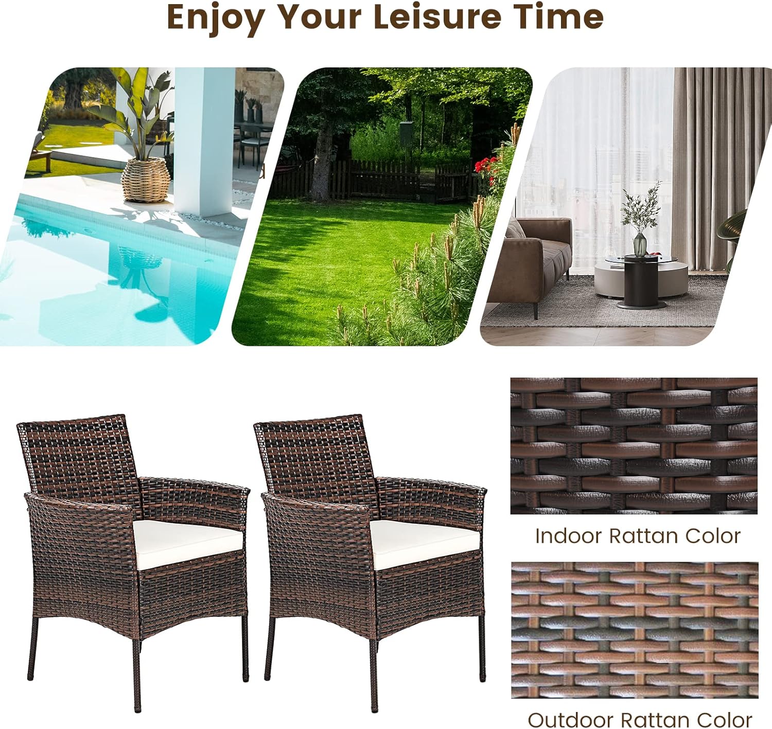 Outdoor PE Rattan Armchairs w/Cane Back, Seat Cushions for Bistro Porch Poolside Set of 2