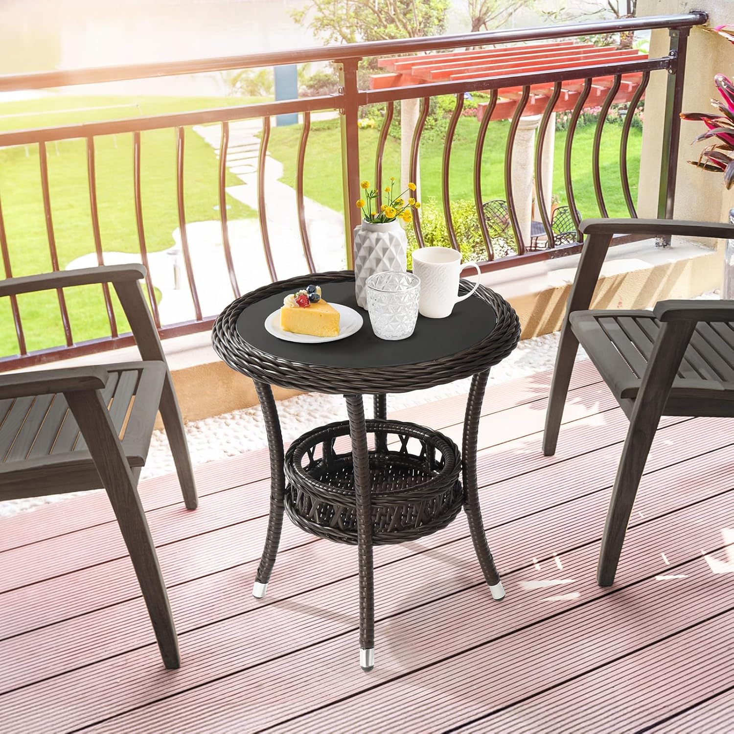 Patio Side Tables for Outside Tempered Glass Top Wicker Table
