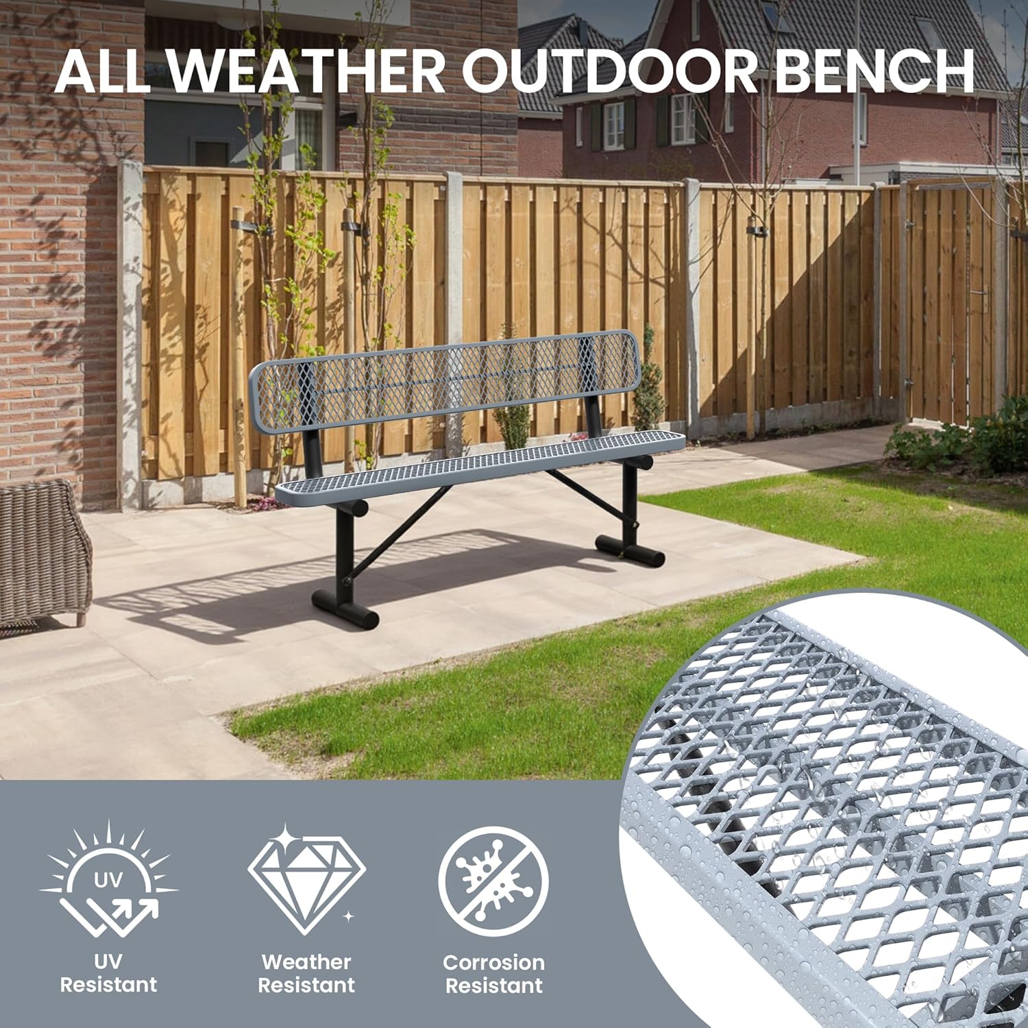 6 FT Steel Park Bench for Outside, Outdoor Bench with Backrest & Portable Frame, Thermoplastic Coating, Commercial Benches