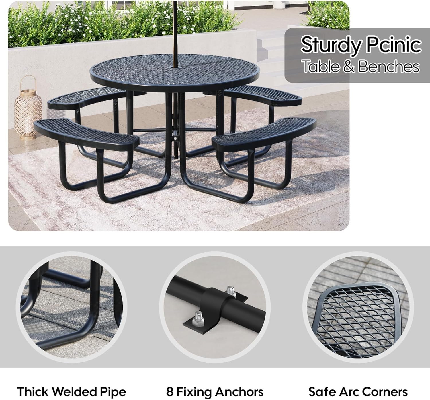 8-Person Picnic Tables for Outdoors, Industrial 46" Expanded Metal Round Picnic Table