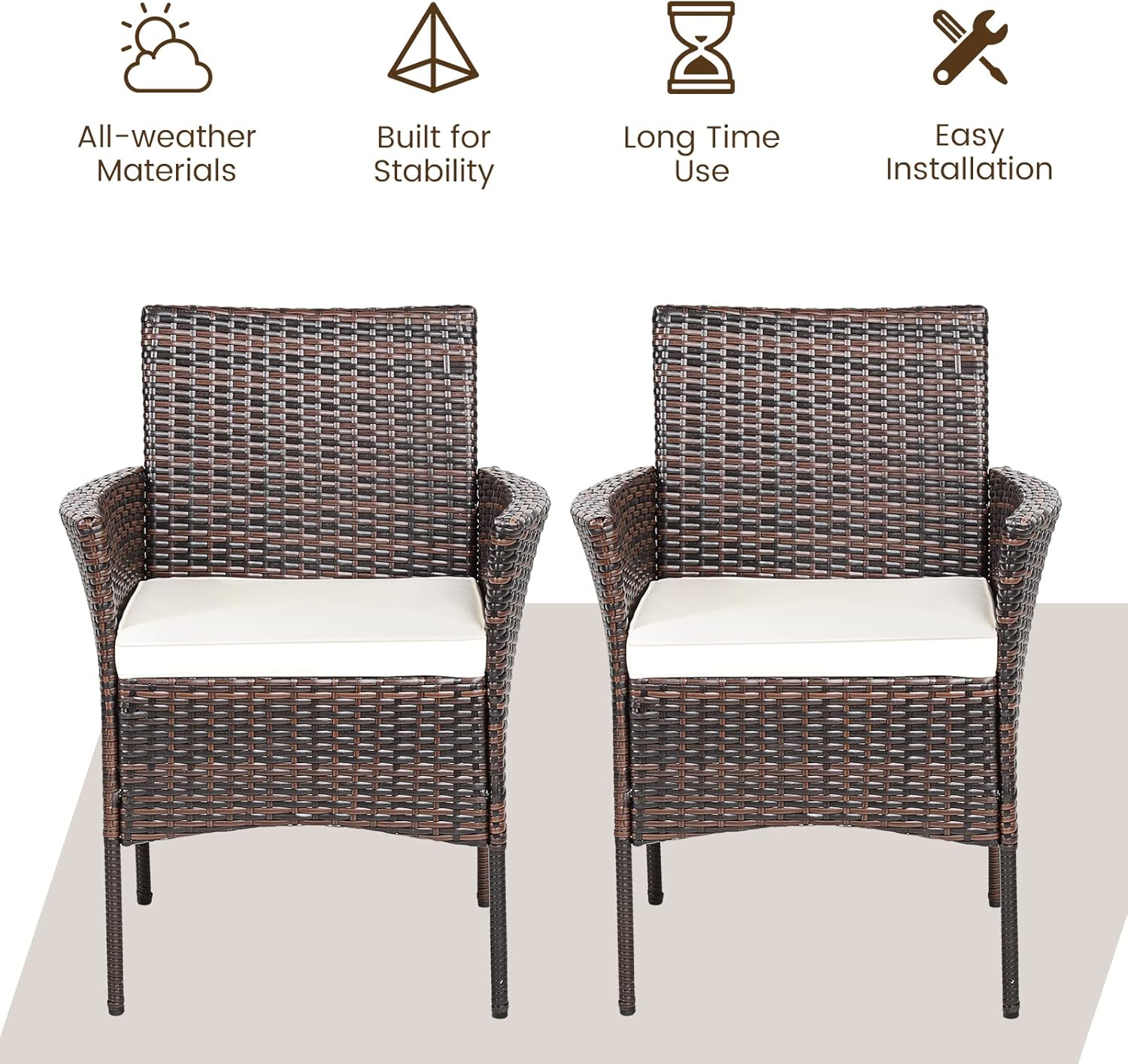 Outdoor PE Rattan Armchairs w/Cane Back, Seat Cushions for Bistro Porch Poolside Set of 2