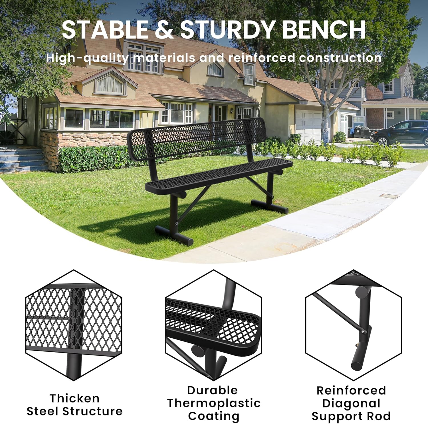 6 Feet Heavy Duty Metal Park Bench for Outside, Outdoor Bench with Backrest & Portable Frame