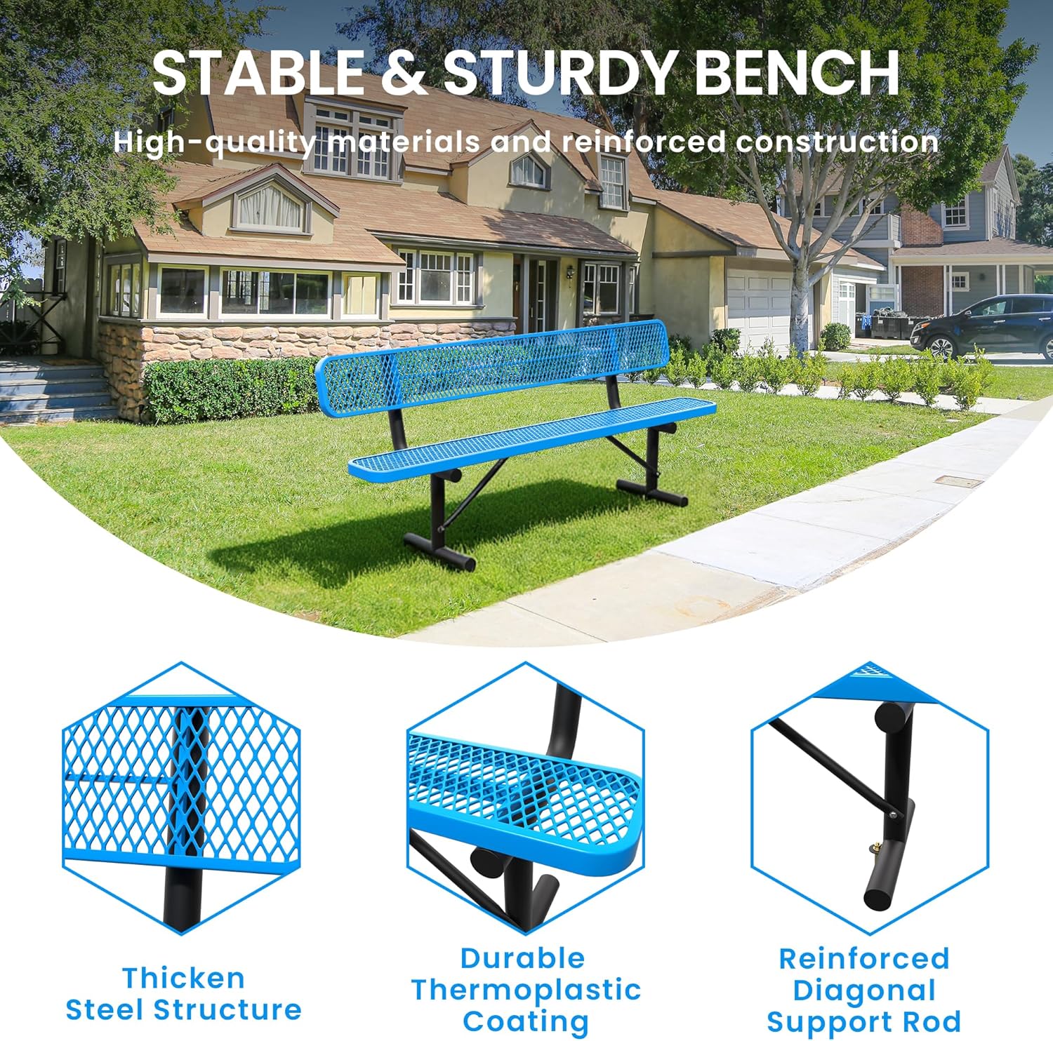 8 FT Steel Park Bench for Outside, Outdoor Bench with Backrest & Portable Frame, Thermoplastic Coating